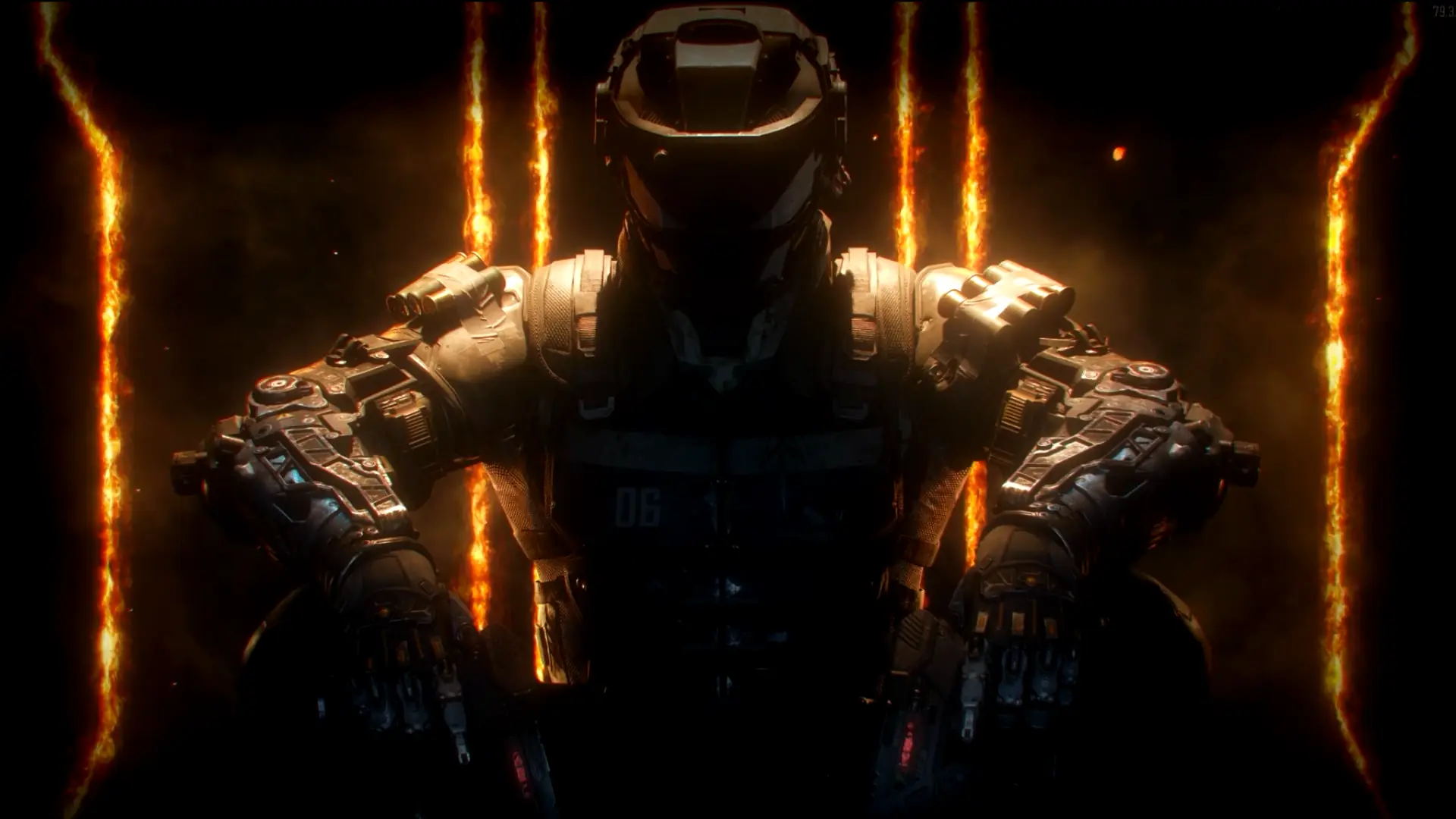 Animated depiction of a futuristic soldier from Call of Duty: Black Ops 3, featuring glowing orange accents and a combat-ready stance.