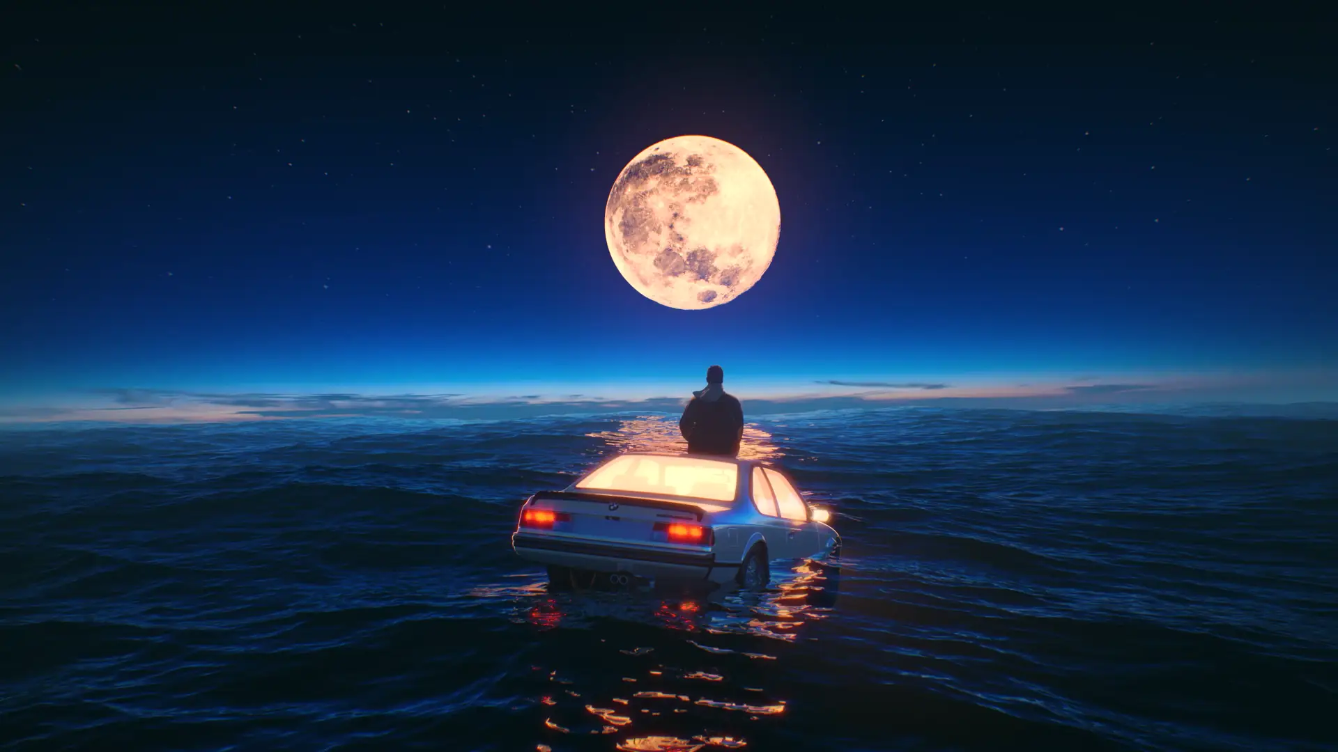 Animated depiction of a classic car floating on a calm sea under a moonlit sky, embracing retro and synthwave aesthetics.
