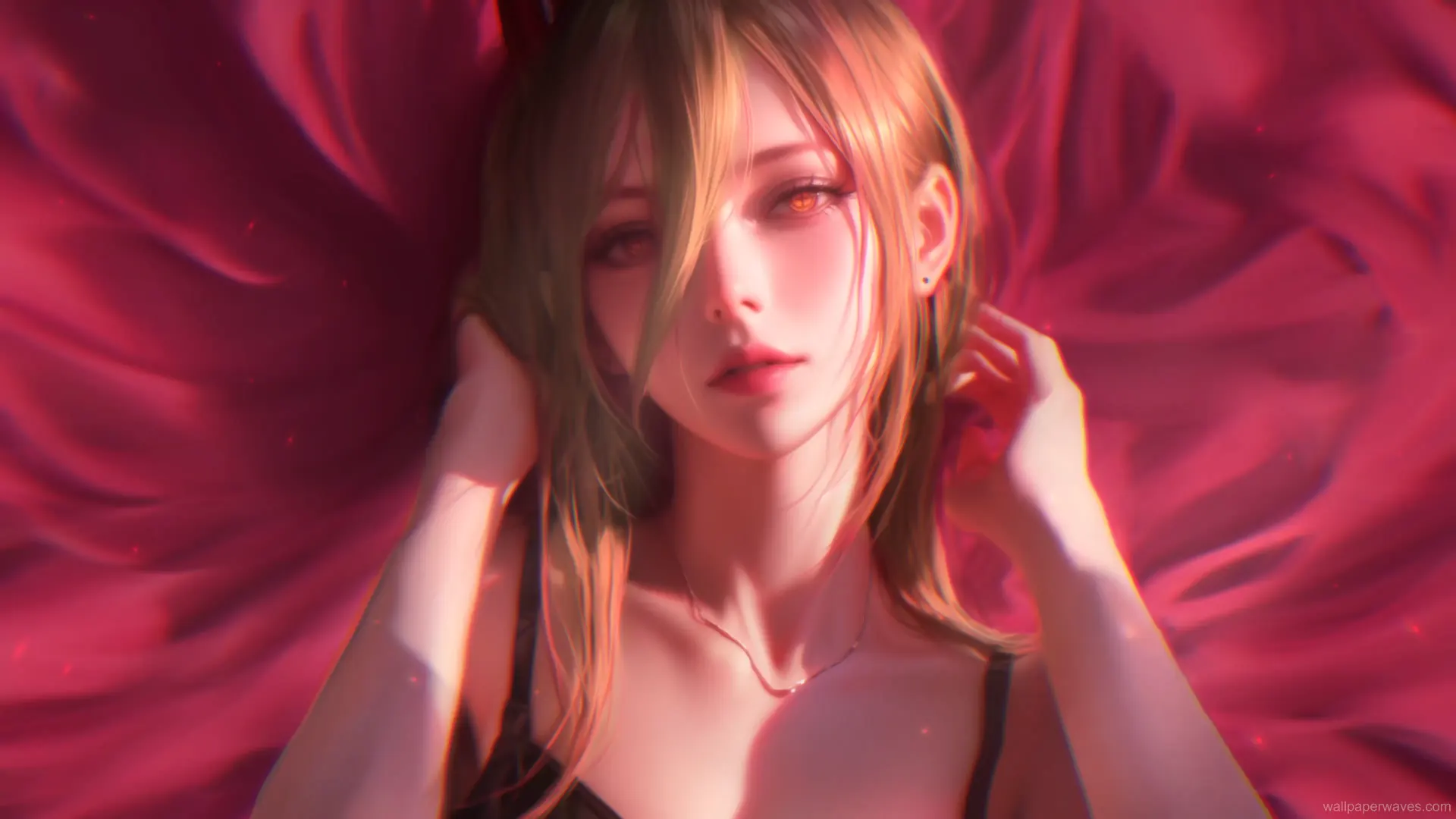 Animated depiction of Power from Chainsaw Man, showcasing her confident pose and vibrant, chaotic background.