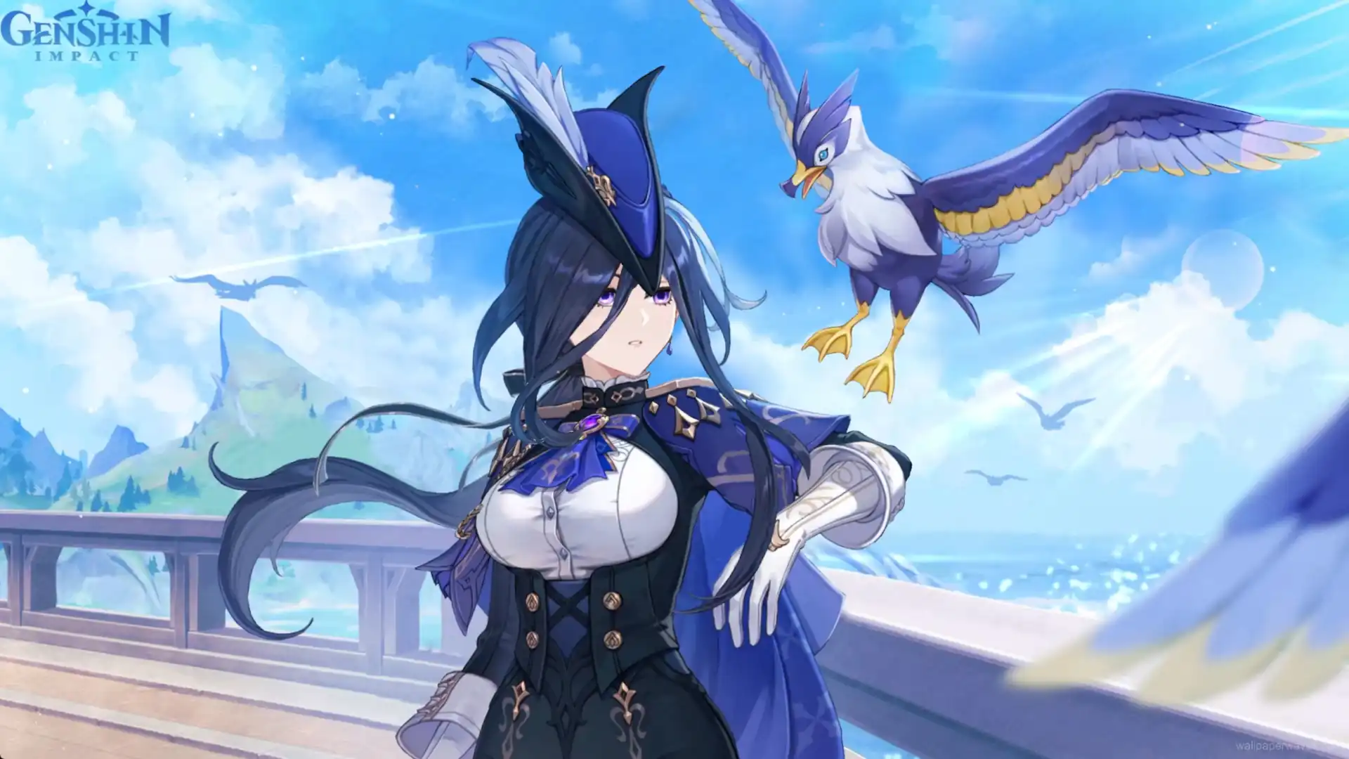 Clorinde from Genshin Impact standing gracefully amidst a serene backdrop.