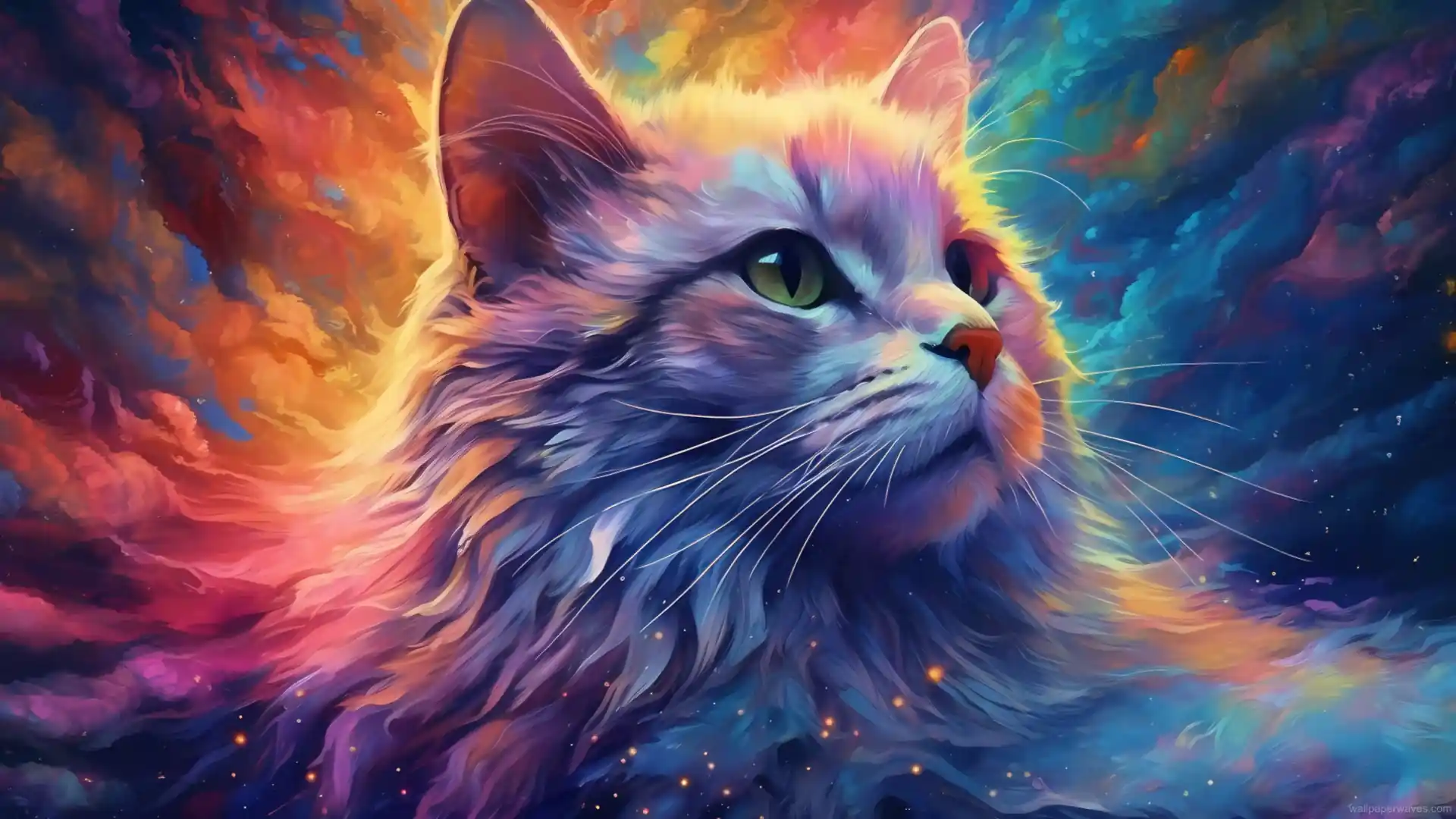 Whimsical cat with a kaleidoscope of colors lounging gracefully against a backdrop of soft, abstract patterns, live wallpaper
