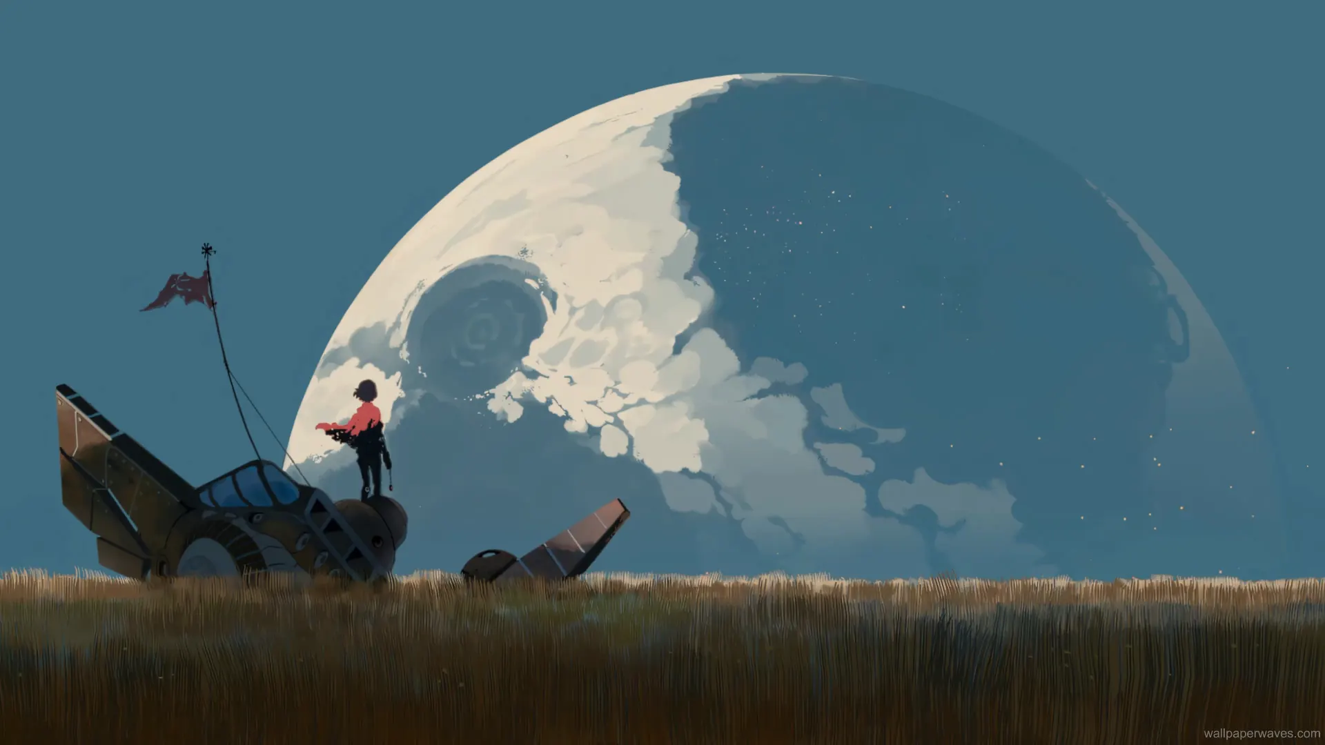 Animated scene of a crashed spaceship resting in an open field under a vast sky.