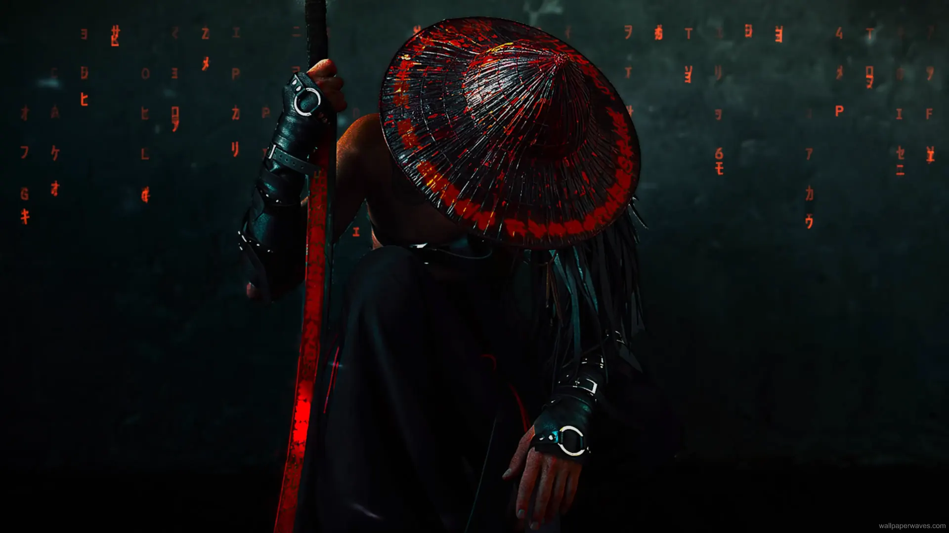 Cybernetic samurai warrior standing in a neon-lit landscape, blending traditional armor with futuristic enhancements.