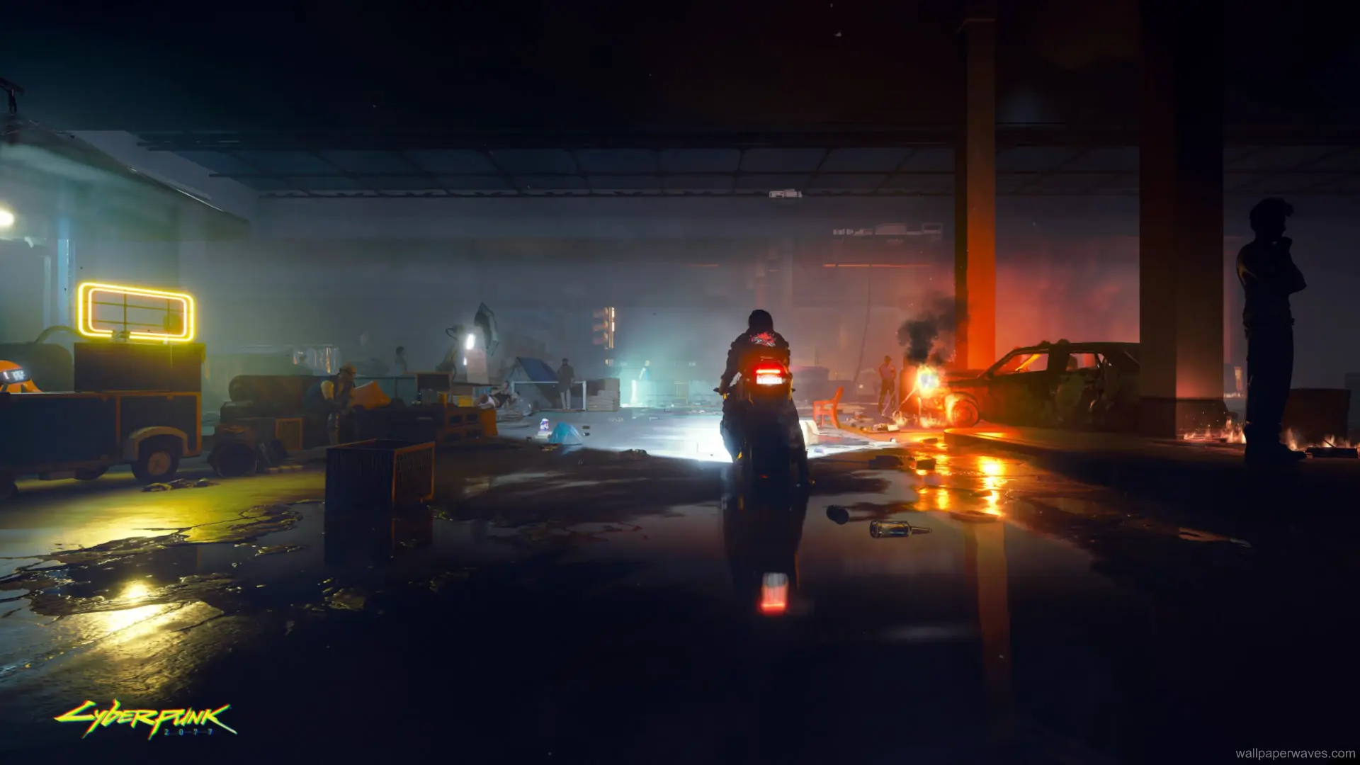 Animated depiction of a futuristic motorcycle racing through the neon-lit streets of Night City.