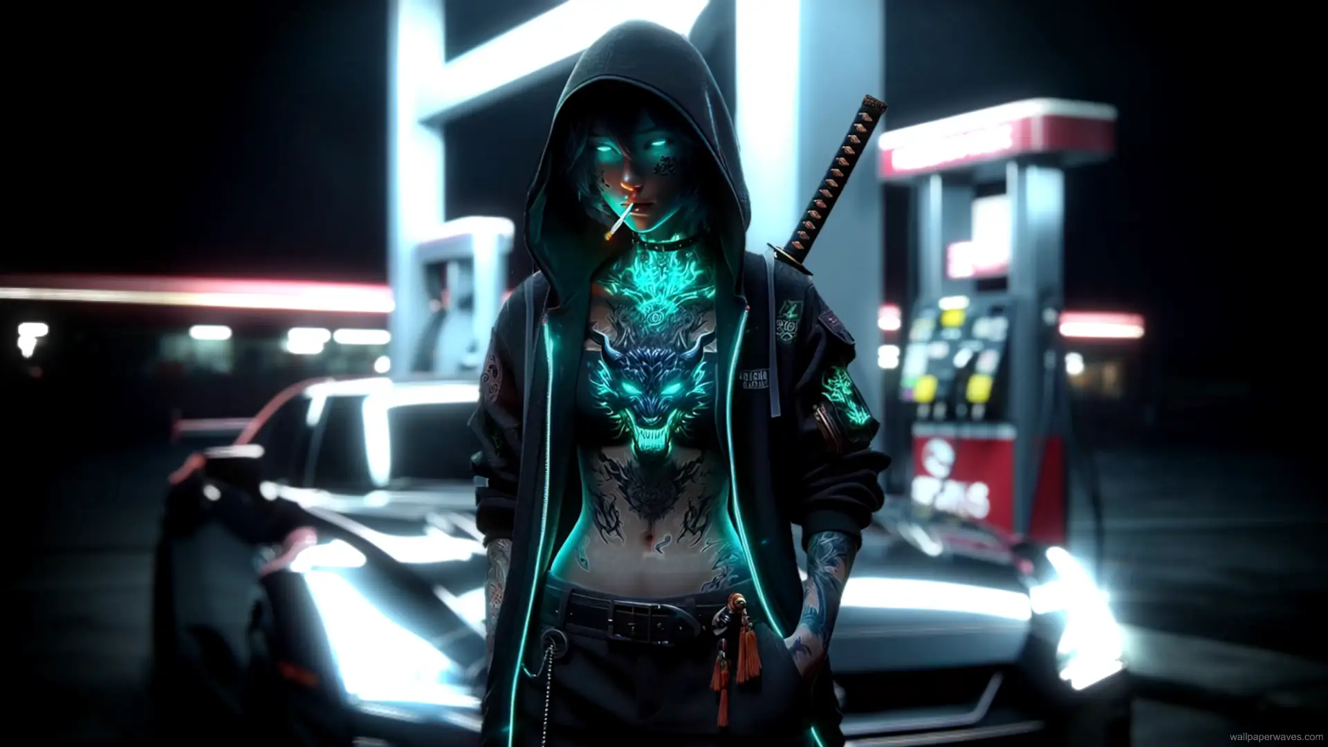 A cyberpunk girl standing beside a sleek GTR sports car under neon lights in a futuristic cityscape.