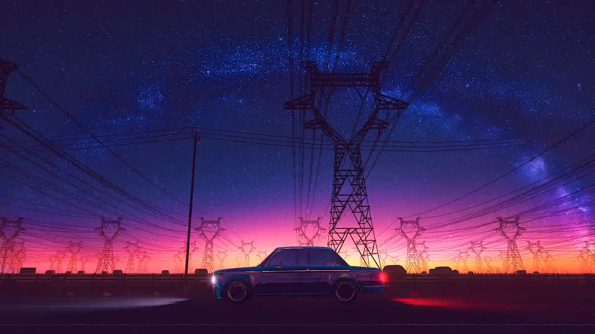 Animated depiction of a retro-futuristic car driving through a neon-lit cyberpunk cityscape at night.
