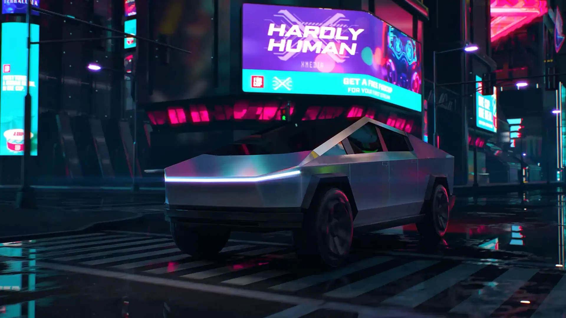 Animated Tesla Cybertruck driving through a neon-lit futuristic cityscape.