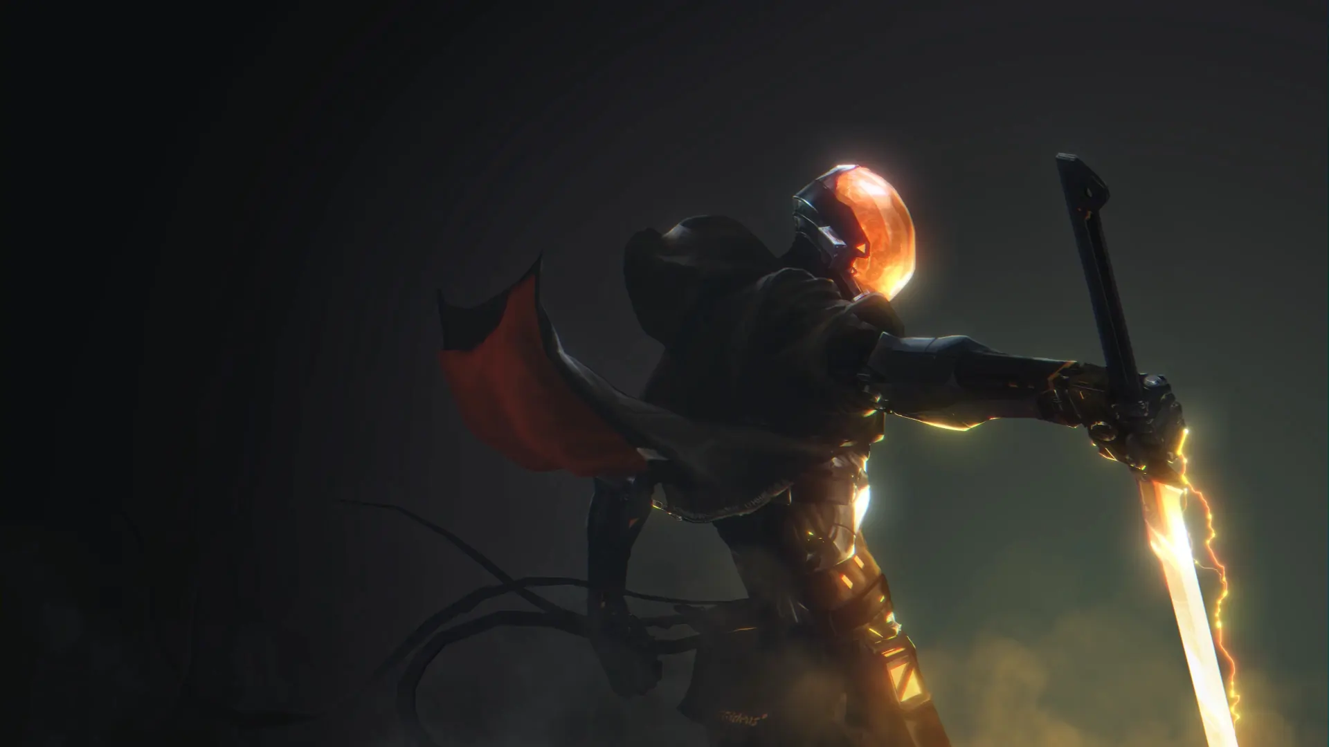 Animated depiction of a cyborg warrior wielding a glowing lightning blade in a stormy sci-fi setting, with neon armor and electrified skies.