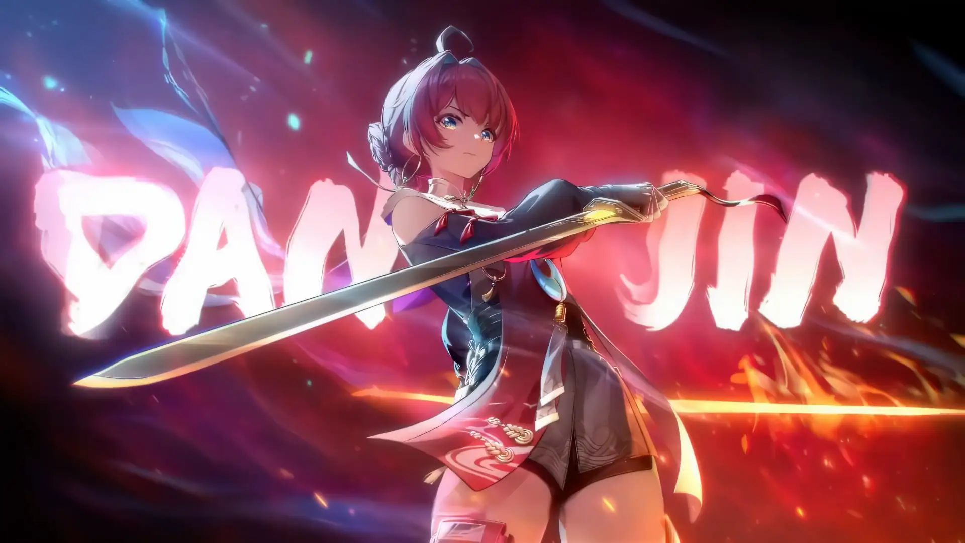 Animated depiction of Danjin from Wuthering Waves, standing poised with her weapon amidst a backdrop of swirling energy and vibrant hues.