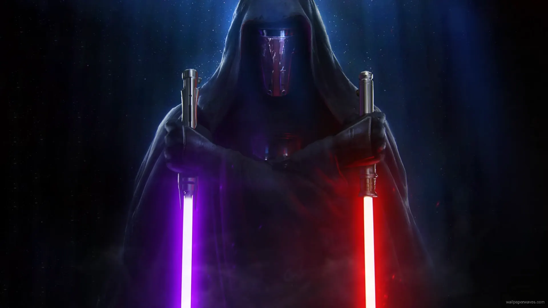 Darth Revan from Star Wars: Knights of the Old Republic, clad in dark robes and mask, wielding dual lightsabers against a shadowy backdrop.