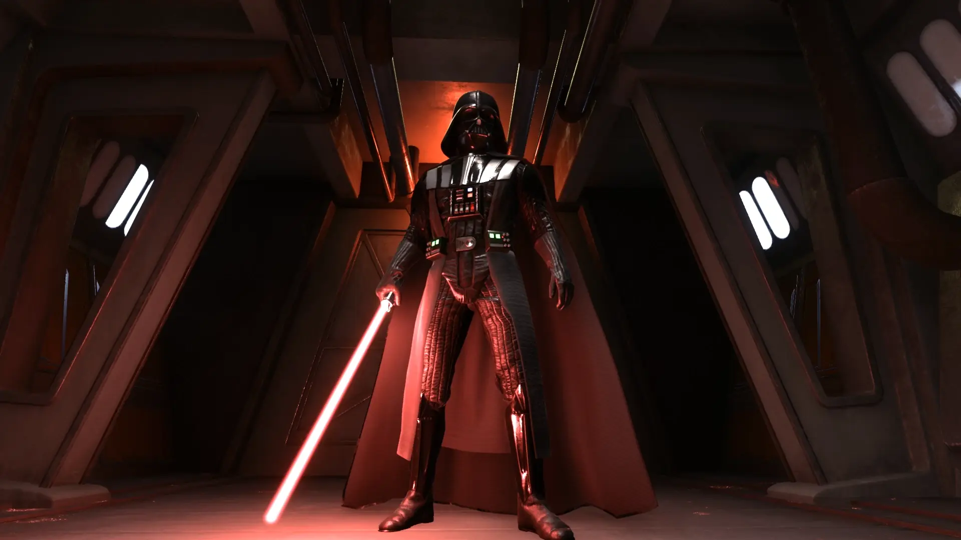 Darth Vader walking through a dark corridor with his red lightsaber illuminating the surroundings, live wallpaper