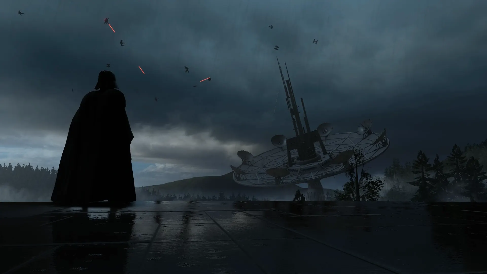 Darth Vader wielding a red lightsaber, emanating a powerful and ominous aura.