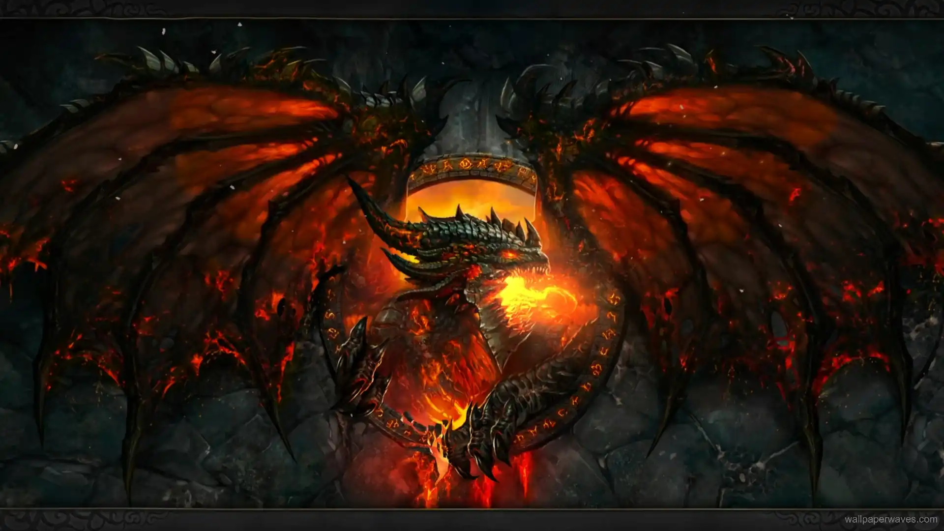 Animated depiction of Deathwing from World of Warcraft, surrounded by flames and molten lava in his lair.