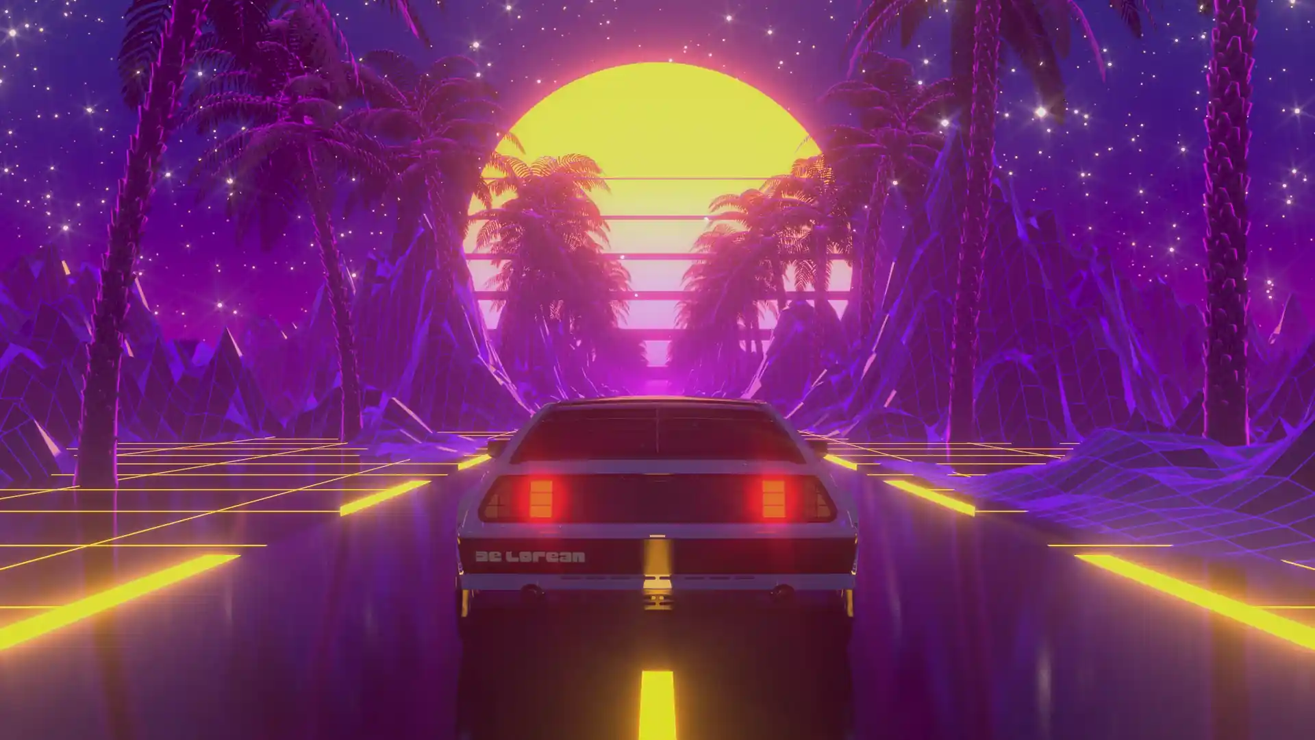Animated DeLorean car driving through a neon-lit vaporwave landscape.