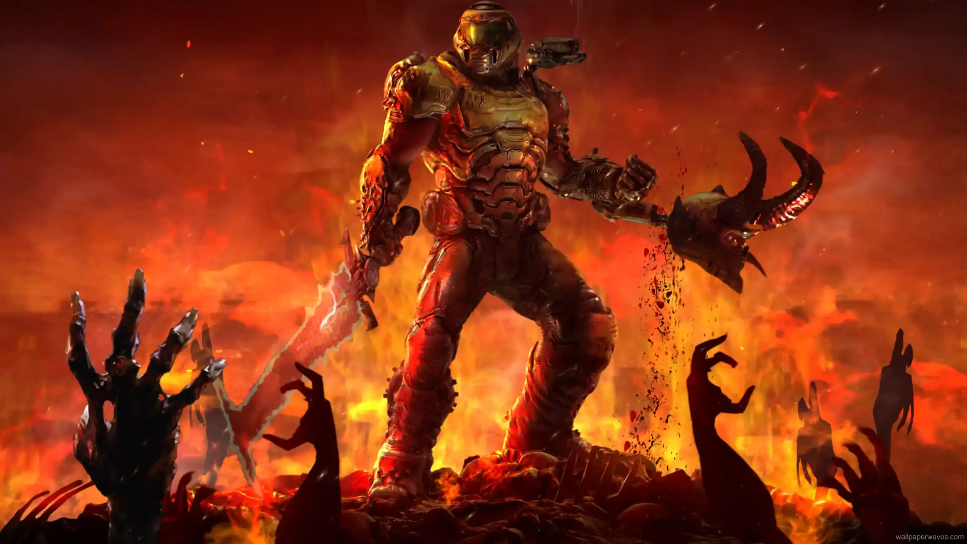Doom Slayer standing amidst fiery ruins, weapon in hand.