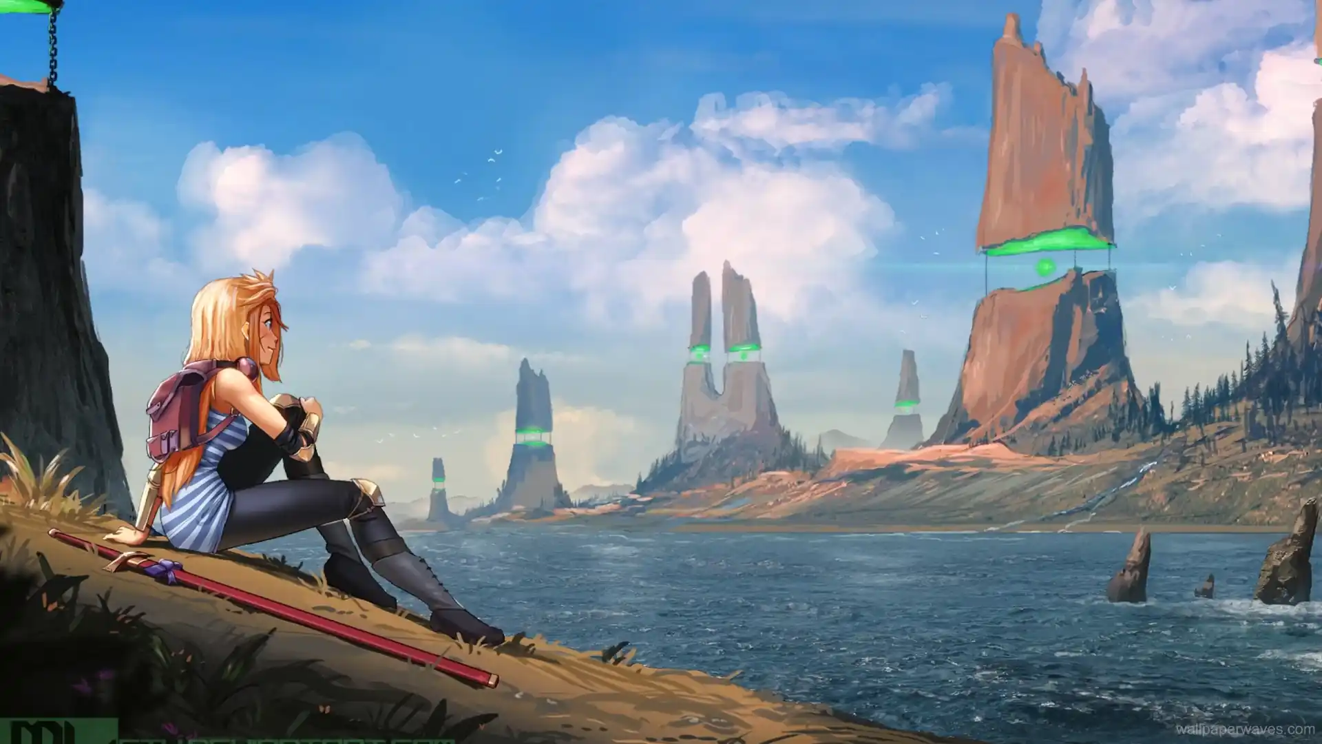 Animated scene of Eleni sitting by a river, gazing at floating spires under a blue sky.