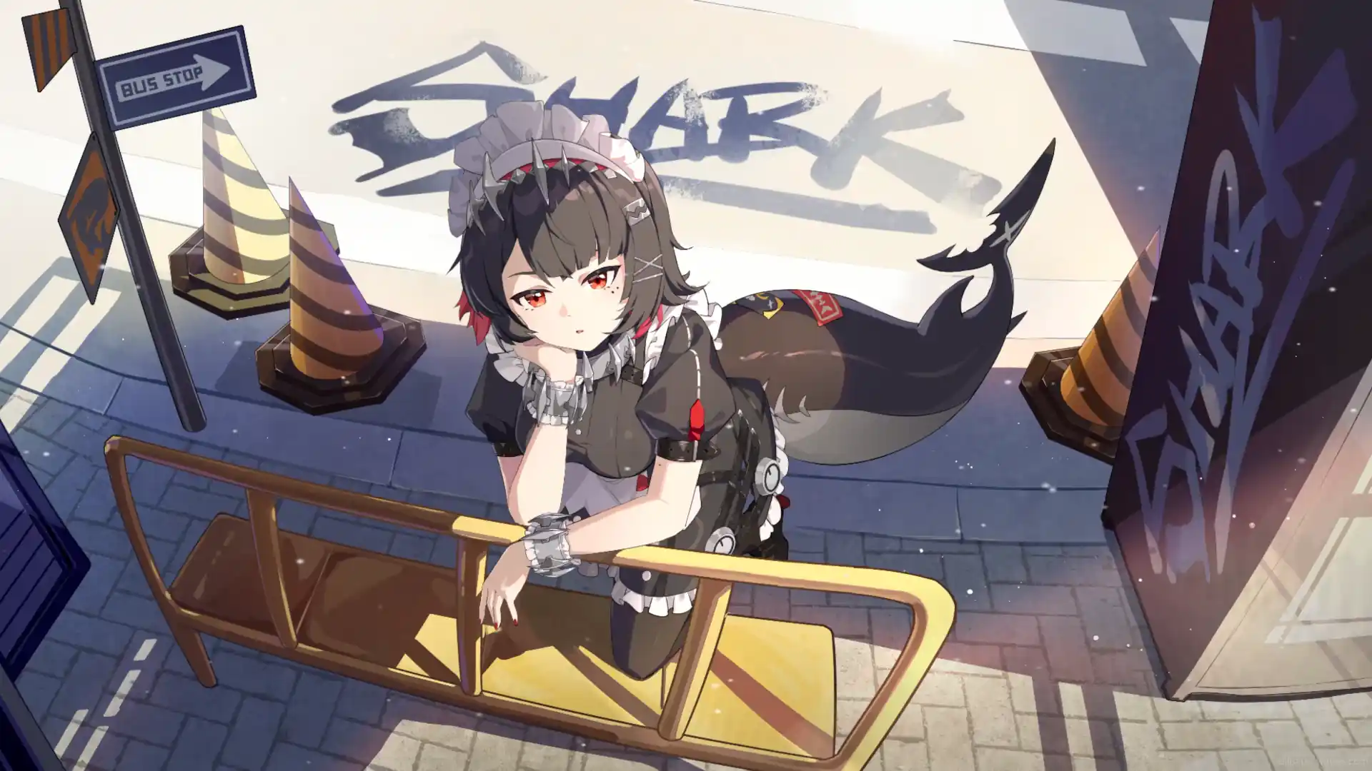 Ellen Joe leaning against a graffiti-covered wall in a sunlit cityscape, her shark tail swaying gently, Zenless Zone Zero live wallpaper