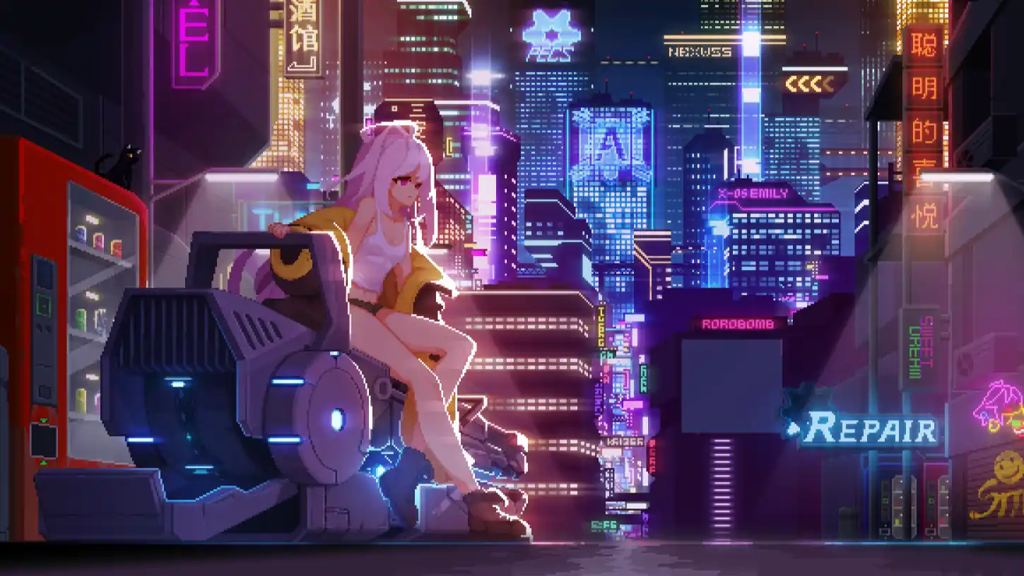 Emily sitting quietly in a pixel-art cityscape illuminated by neon lights.