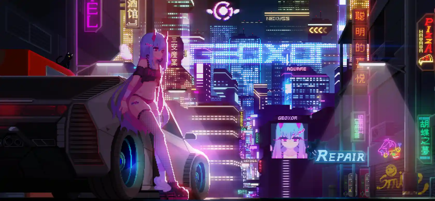 Animated blue-haired character in a neon-lit cyberpunk cityscape.