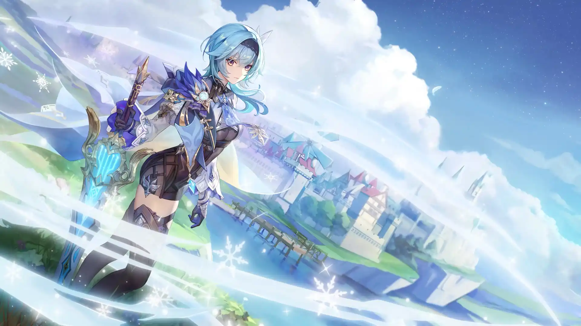 Eula from Genshin Impact wielding her claymore amidst falling snow.
