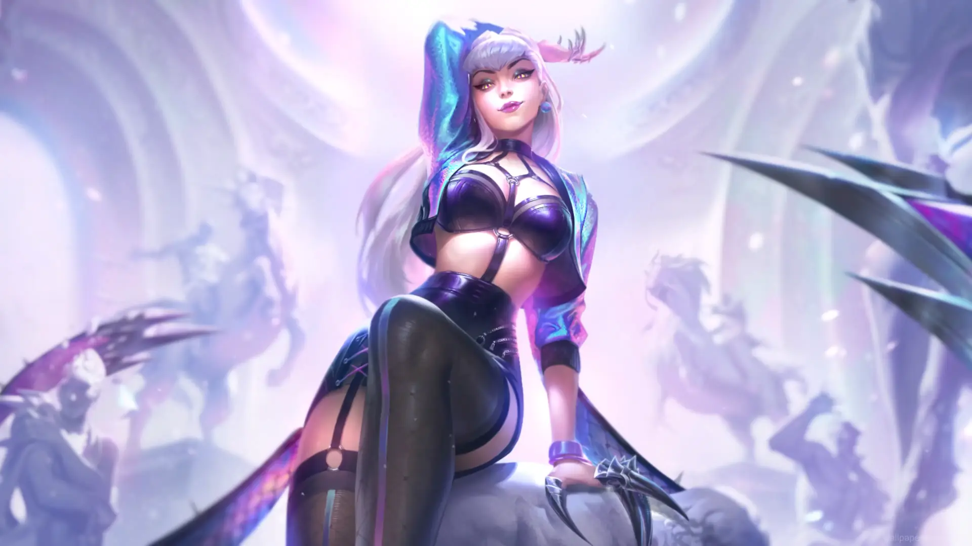 Animated depiction of Evelynn from League of Legends' K/DA All Out, striking a dynamic pose with vibrant lighting effects.