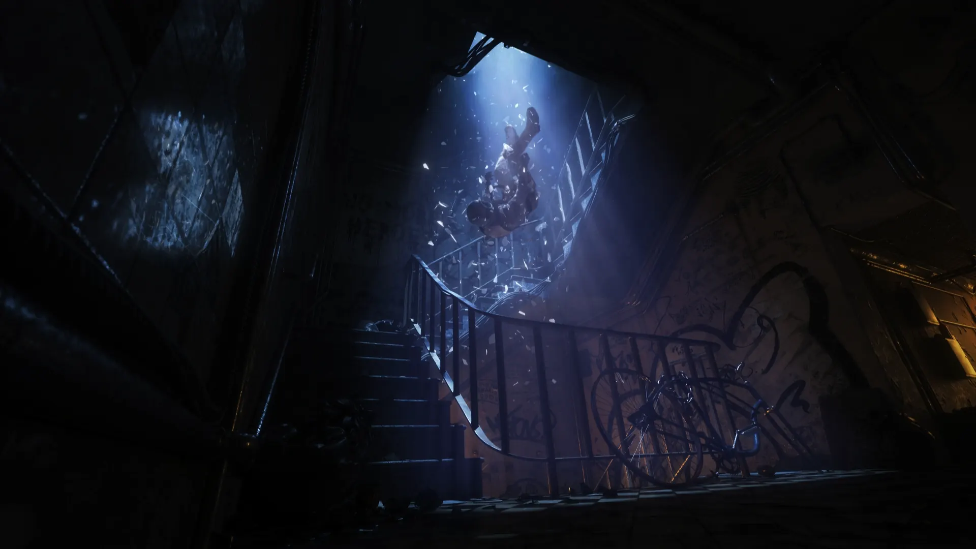 Animated depiction of a solitary figure descending a dimly lit staircase, surrounded by floating debris and illuminated by a shaft of light.