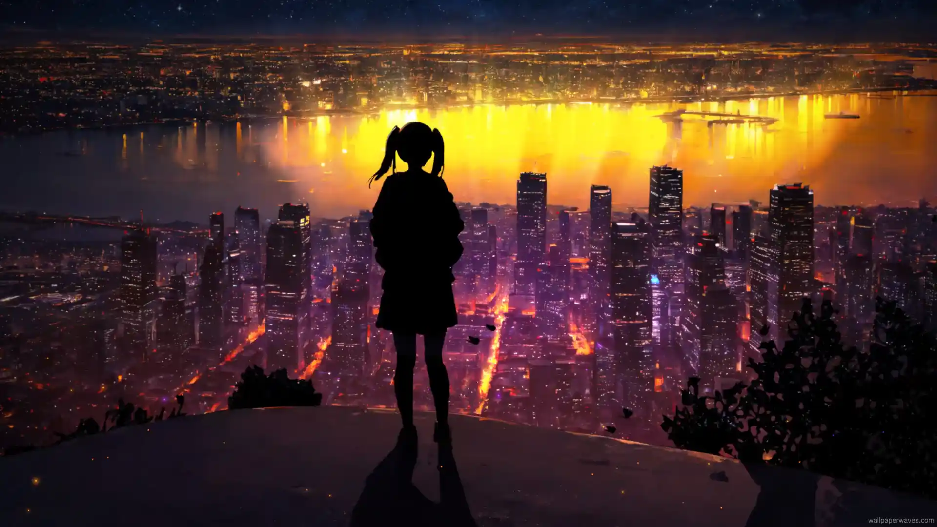 A glowing countryside cottage under a golden sunset surrounded by swaying trees and drifting petals, peaceful anime live wallpaper