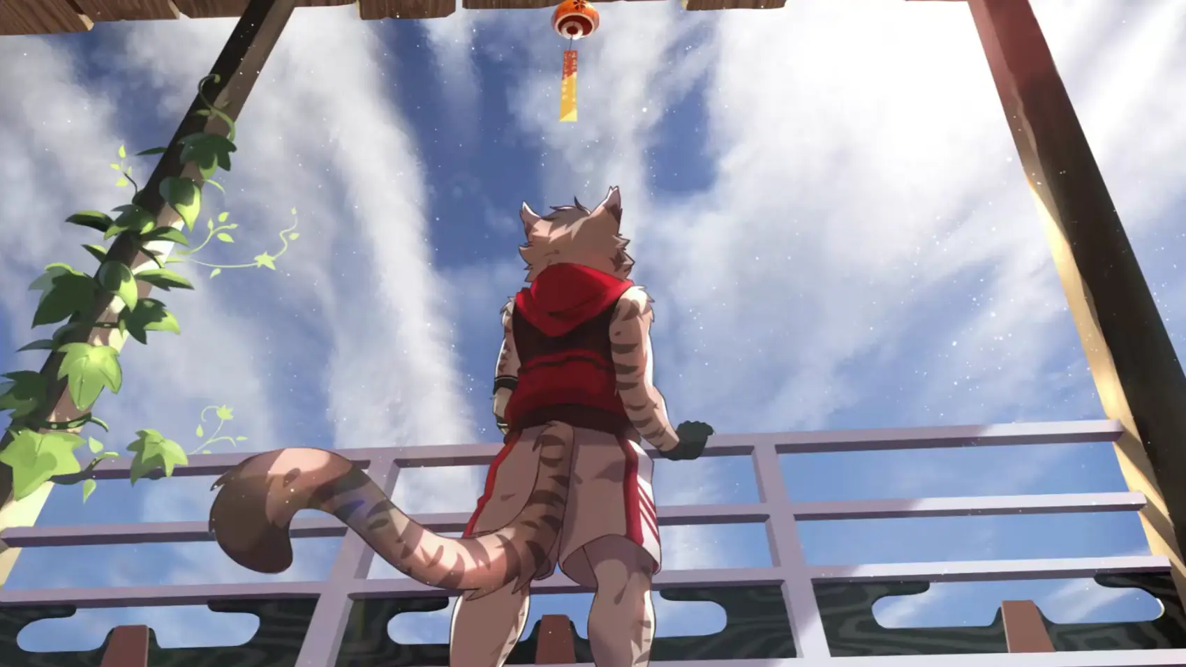 Animated fluffy cat lounging under the sun in a peaceful outdoor setting.