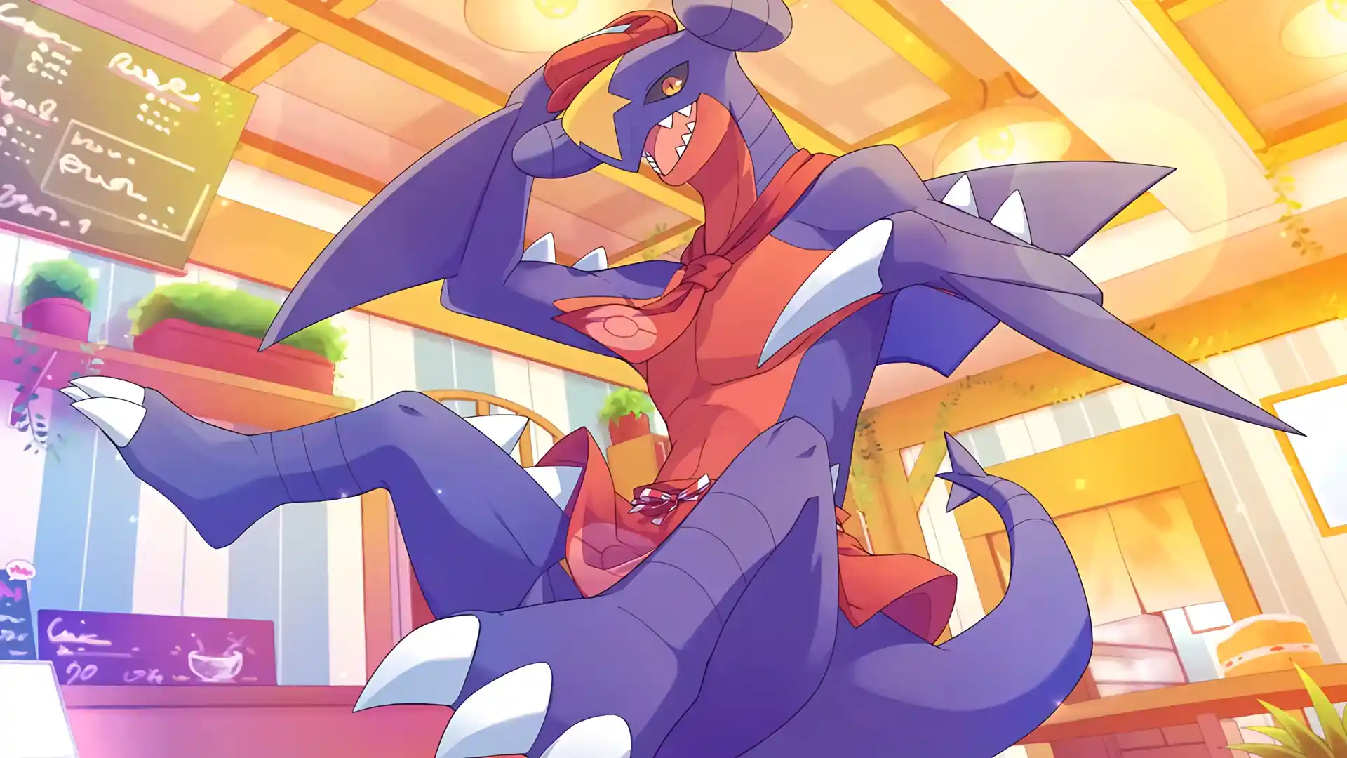 Garchomp in a café setting wearing an apron, serving desserts with animated background activity, cute Pokémon wallpaper