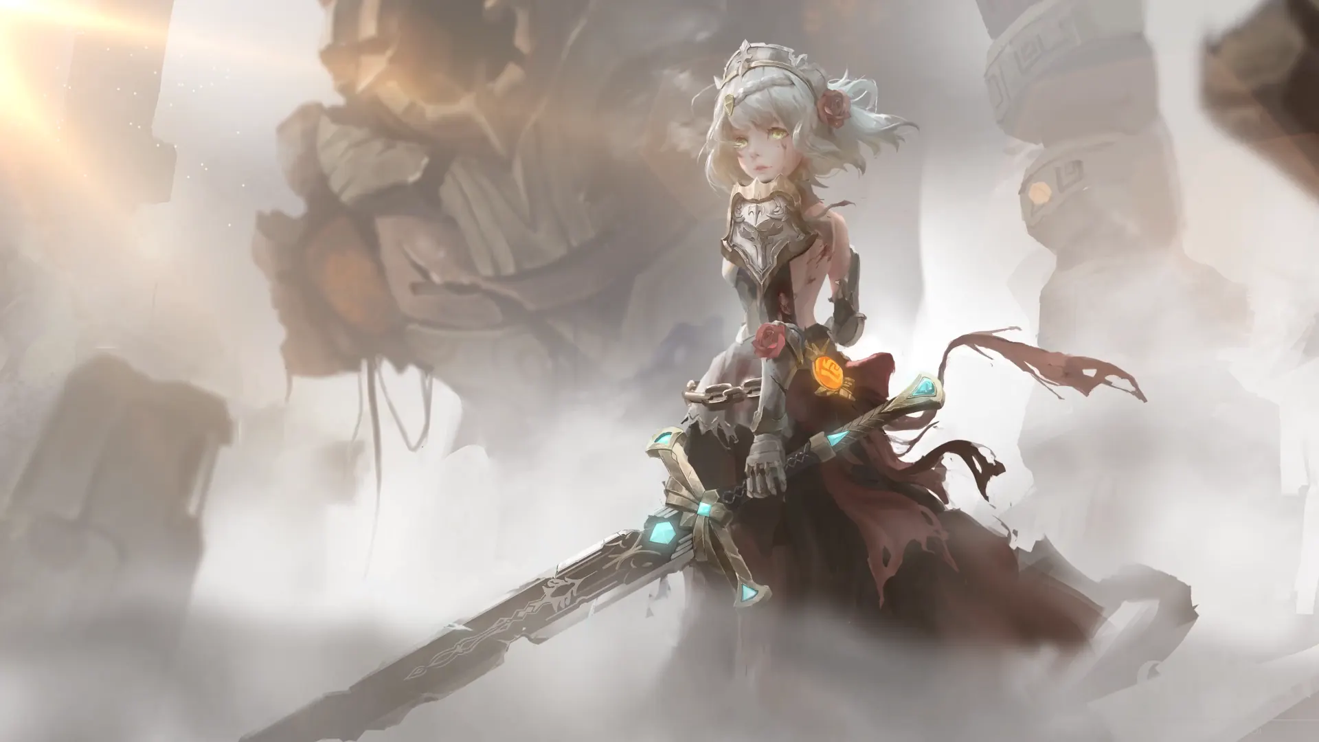 Noelle from Genshin Impact standing elegantly in her armor, exuding grace and determination.
