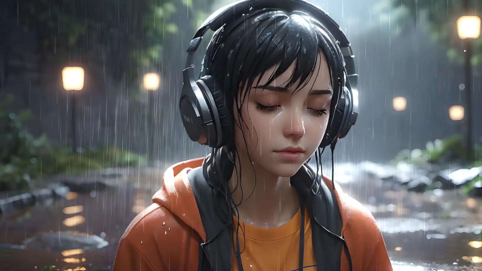 Anime girl with headphones enjoying the rain, eyes closed in serenity.