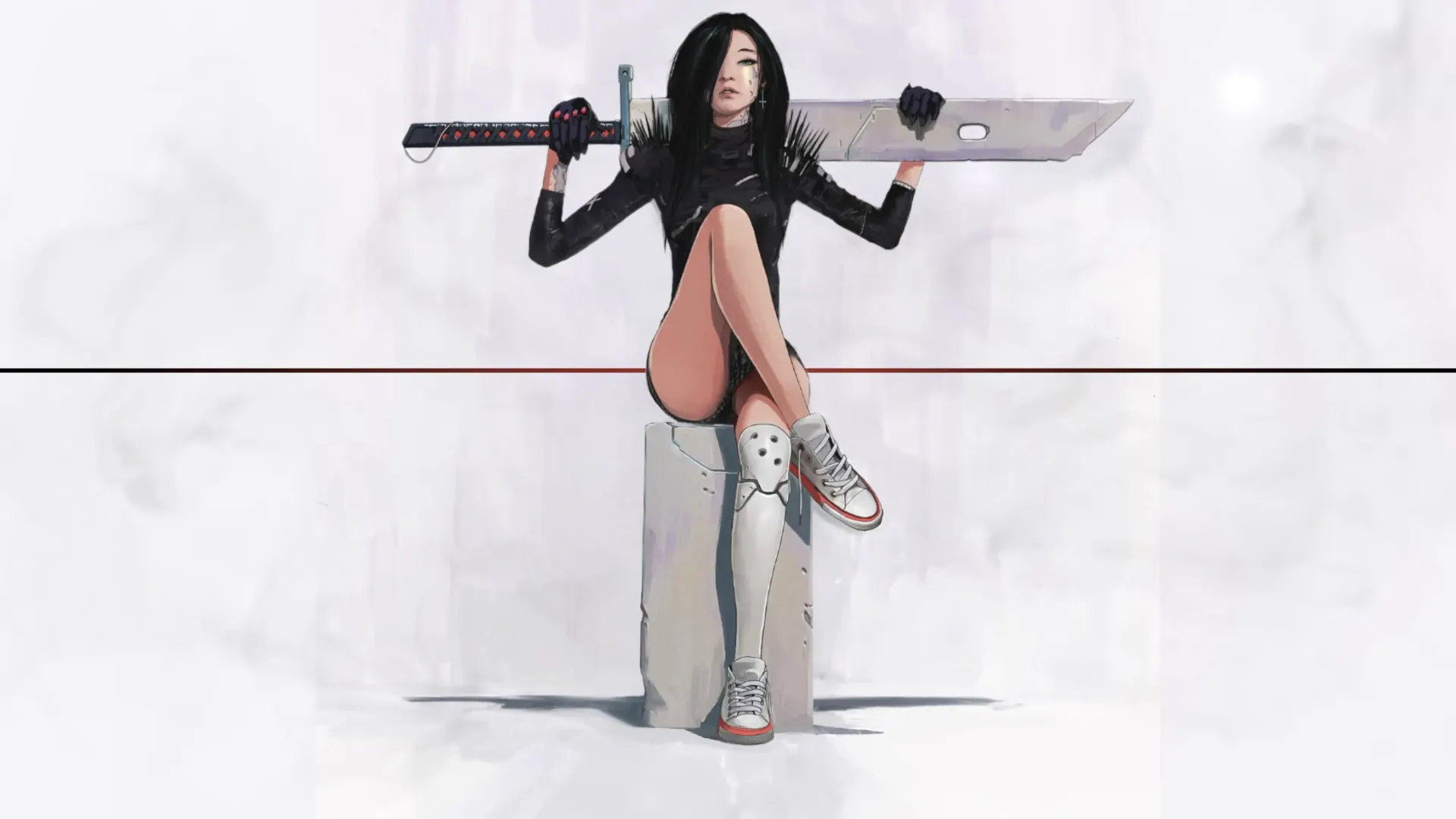 Fantasy girl with large sword resting in smoky battlefield, lit by ambient firelight.