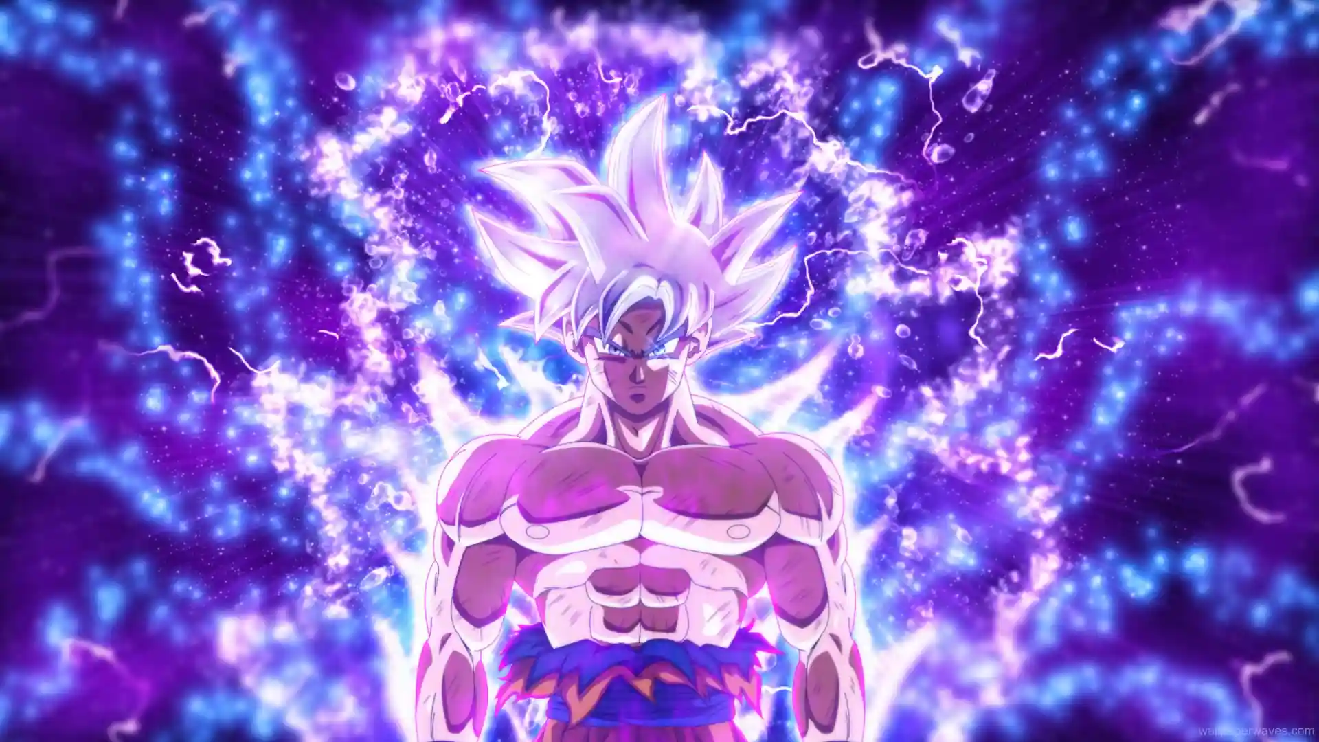 Animated depiction of Goku in his Ultra Instinct form, surrounded by a radiant aura against a cosmic background.