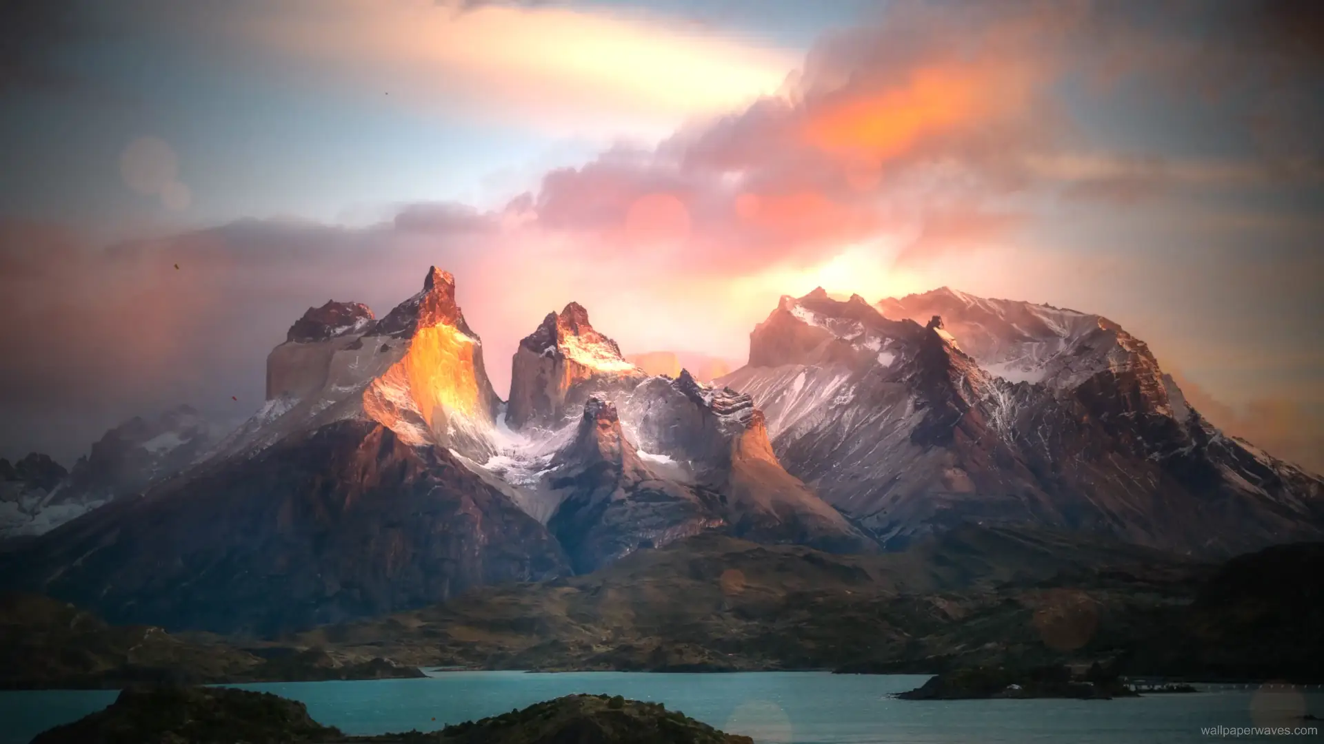 Animated depiction of a serene landscape illuminated by the warm hues of the golden hour at sunset.