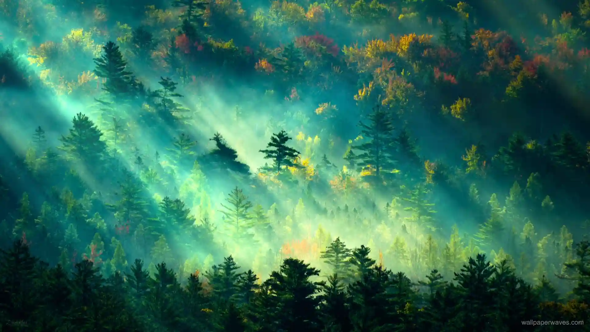 Animated depiction of a sunlit forest with green trees and light rays filtering through the canopy.