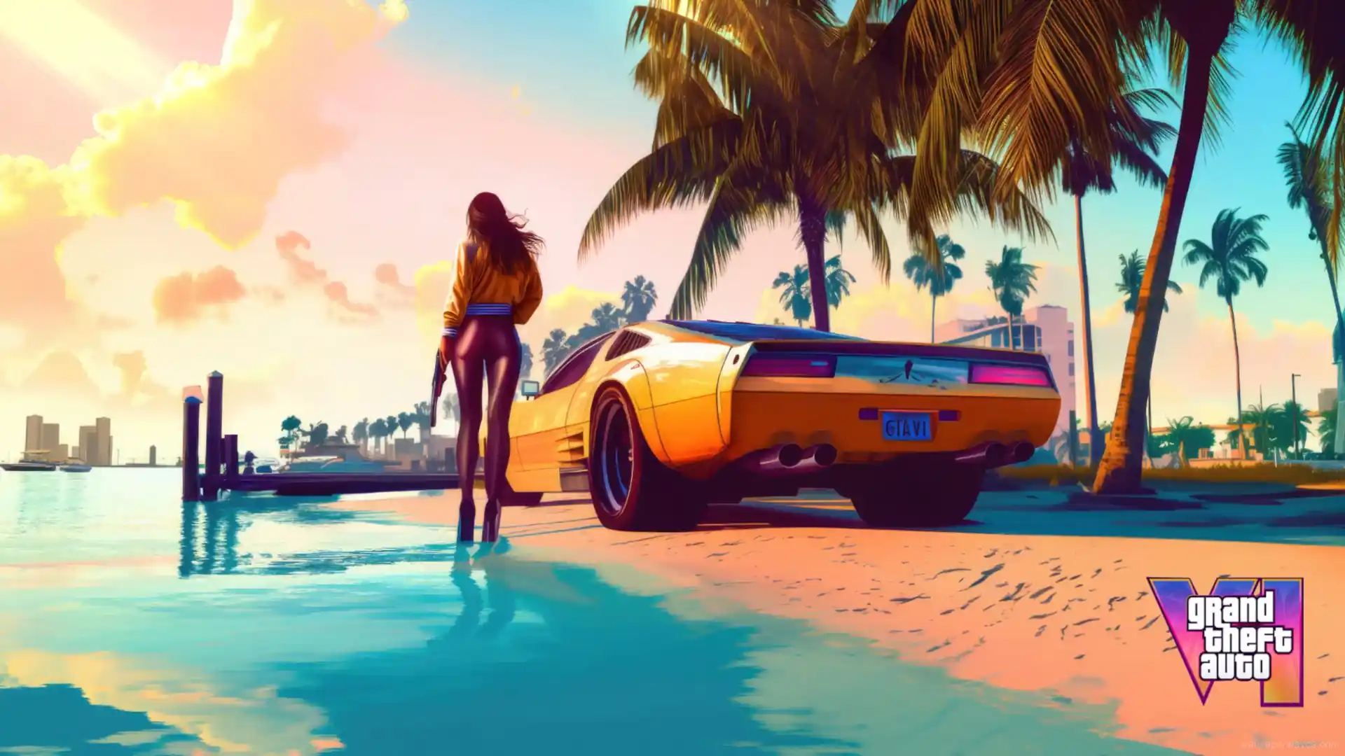 A confident figure walking along a beach at sunset with a muscle car parked nearby and Vice City's skyline in the background, GTA VI concept art live wallpaper