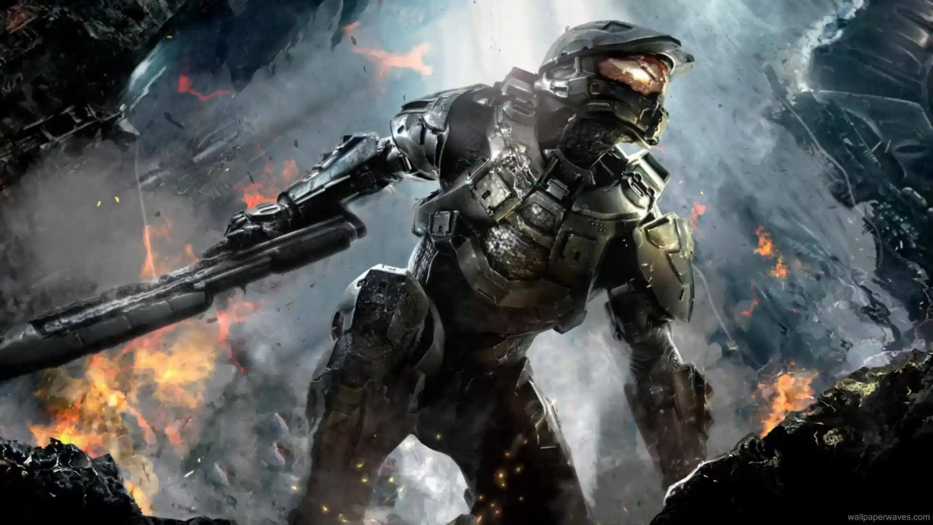 Animated depiction of Master Chief from Halo, standing amidst a futuristic battlefield with dynamic elements like lightning and smoke.