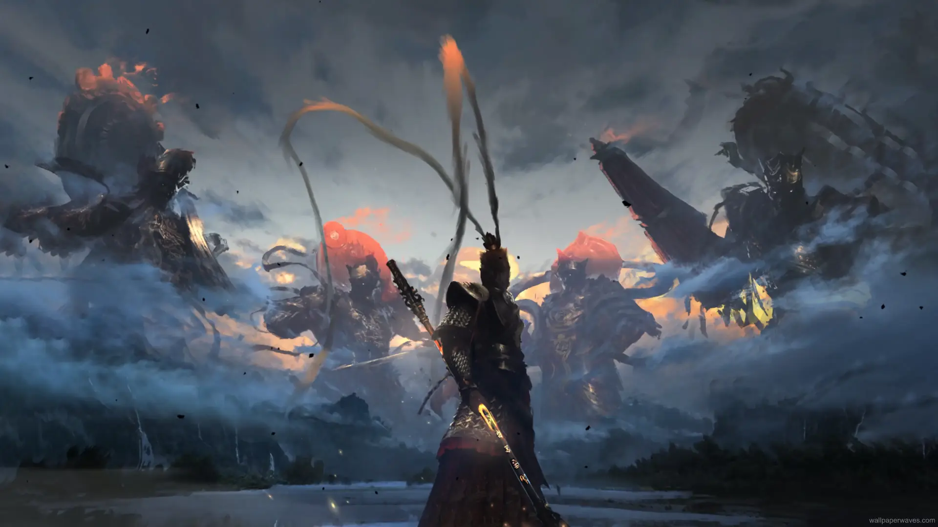 Sun Wukong confronting the Four Heavenly Kings under a stormy sky, lightning illuminating the battlefield, live wallpaper