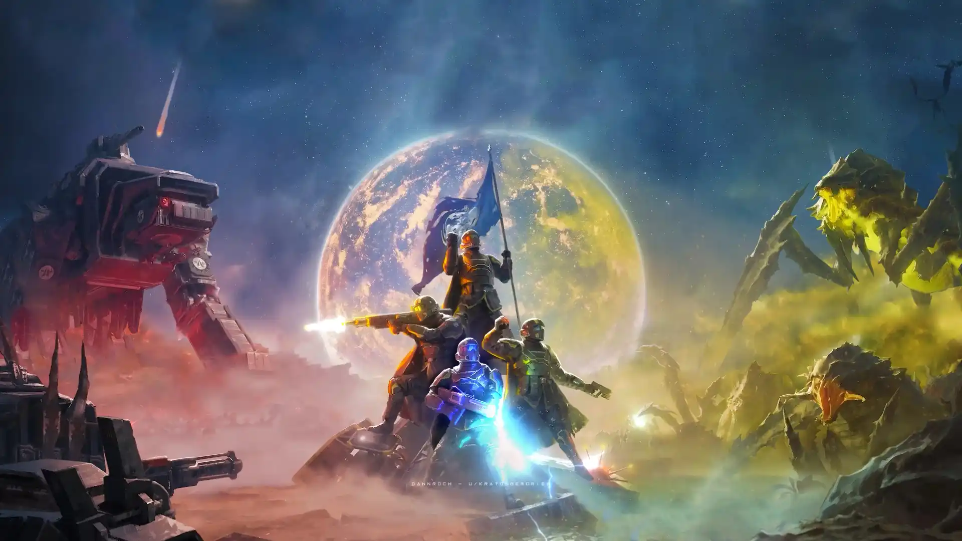 Explosive battle scene from Helldivers 2 with soldiers, drop pods, and alien warfare erupting across a scorched planetary battlefield in a sci-fi action wallpaper.