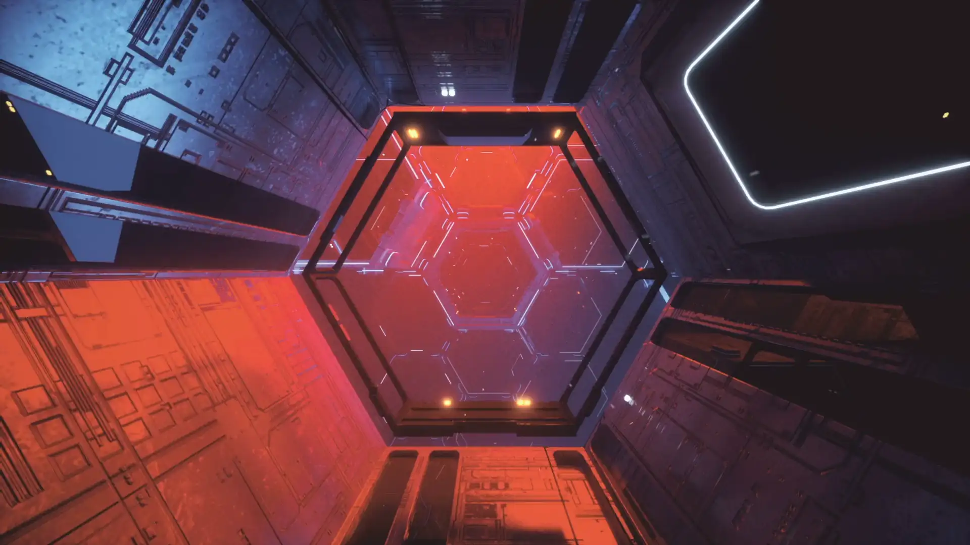 Neon hexagonal sci-fi tunnel in a seamless animated loop, glowing with blue and purple light for a futuristic abstract wallpaper aesthetic.