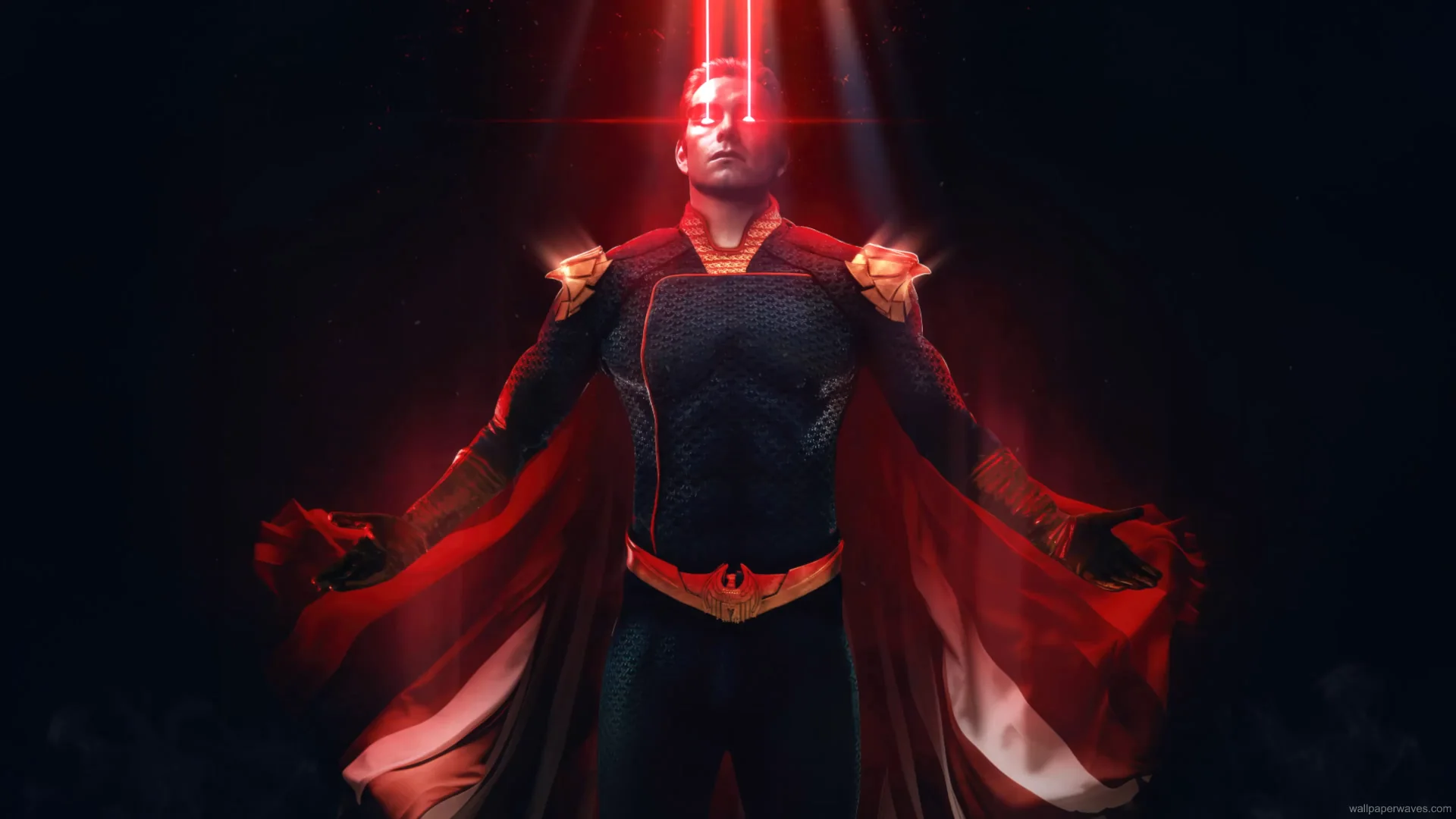 Homelander hovering over city with cape flowing and intense gaze under a dramatic sky, The Boys live wallpaper