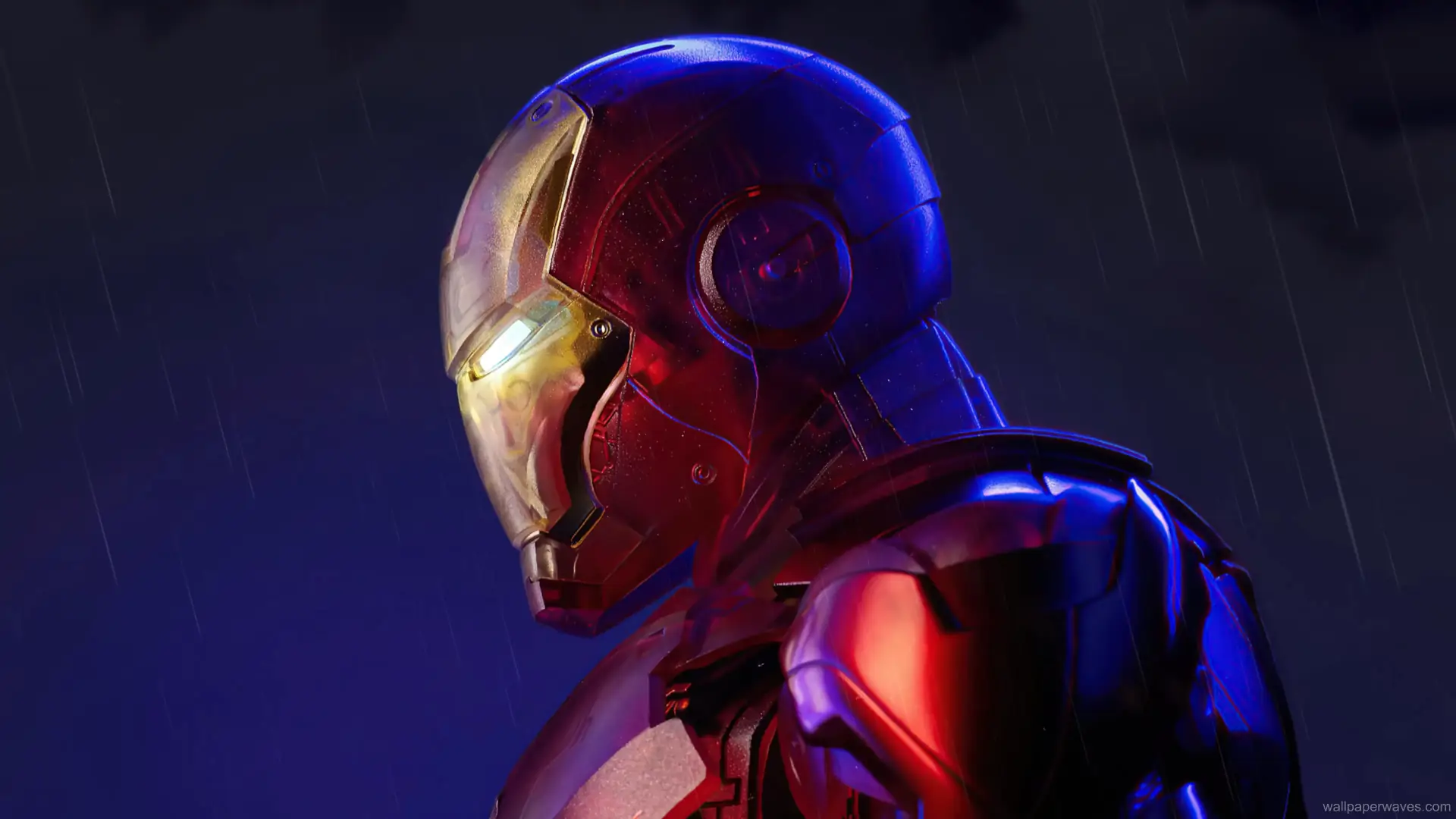 Iron Man standing in the rain, his red and gold armor illuminated by ambient light, conveying a scene of determination and solitude.