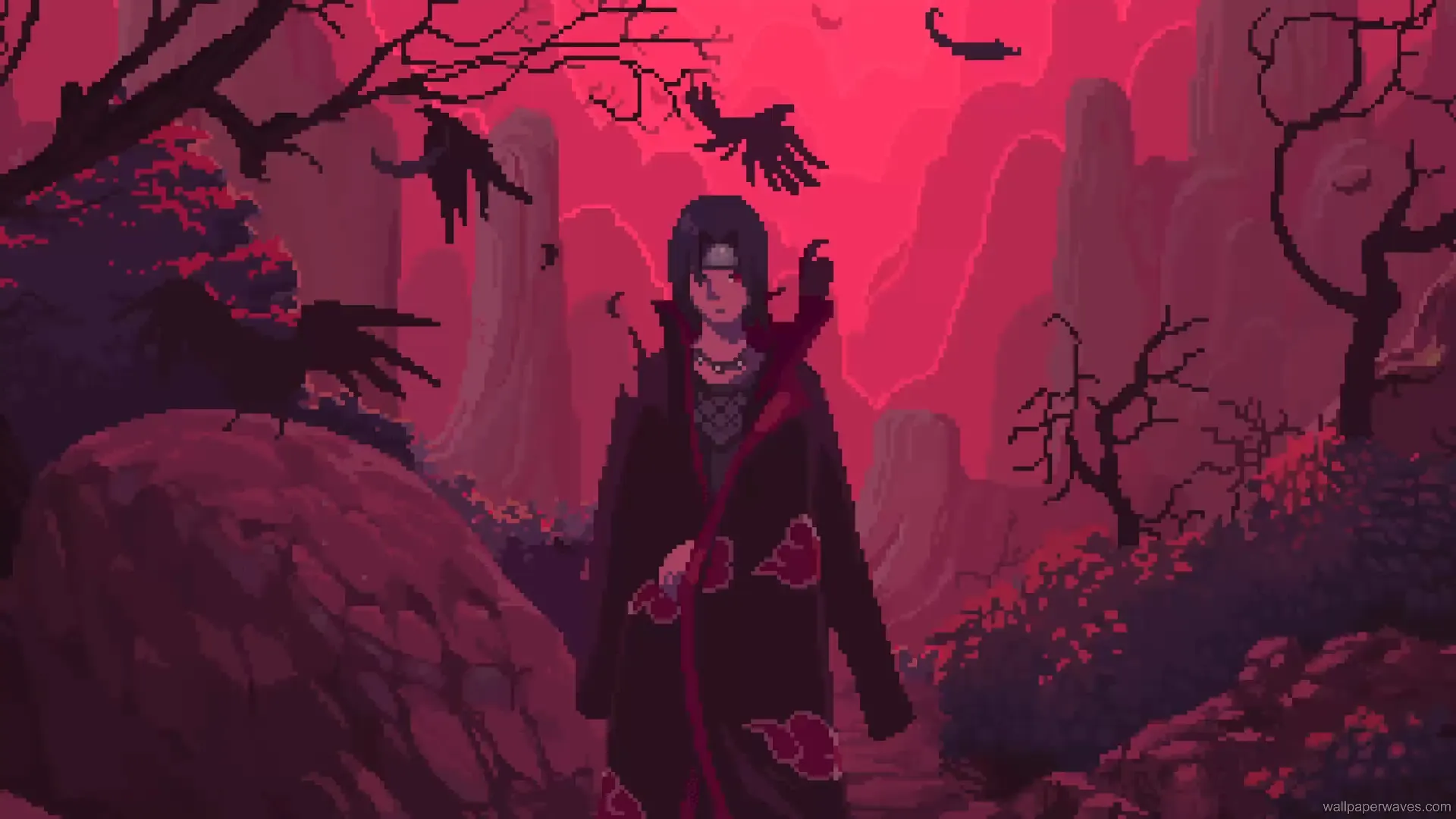 Pixel art of Itachi Uchiha standing in a dark forest with flying crows, evoking a genjutsu illusion from Naruto.