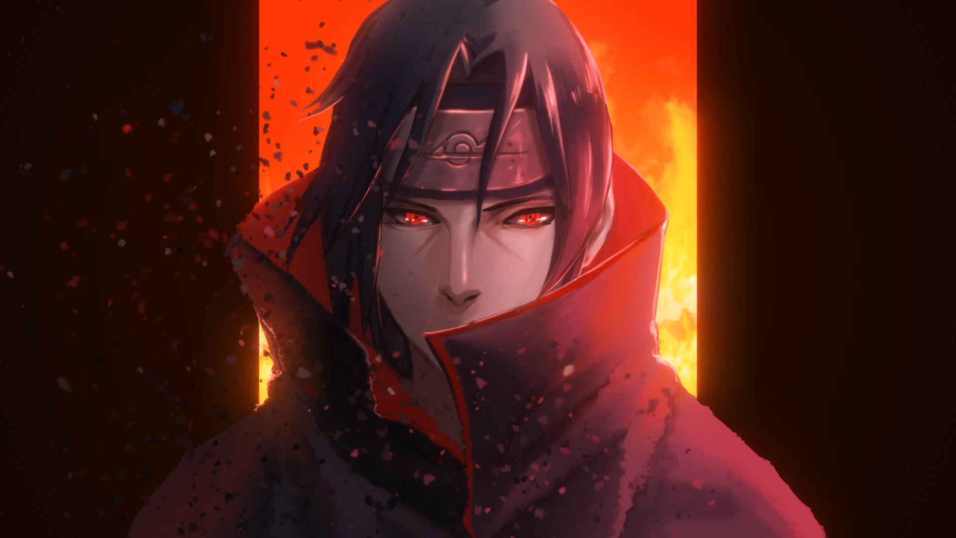 Animated depiction of Itachi Uchiha from Naruto Shippuden, showcasing his Mangekyō Sharingan amidst a backdrop of swirling crows and crimson hues