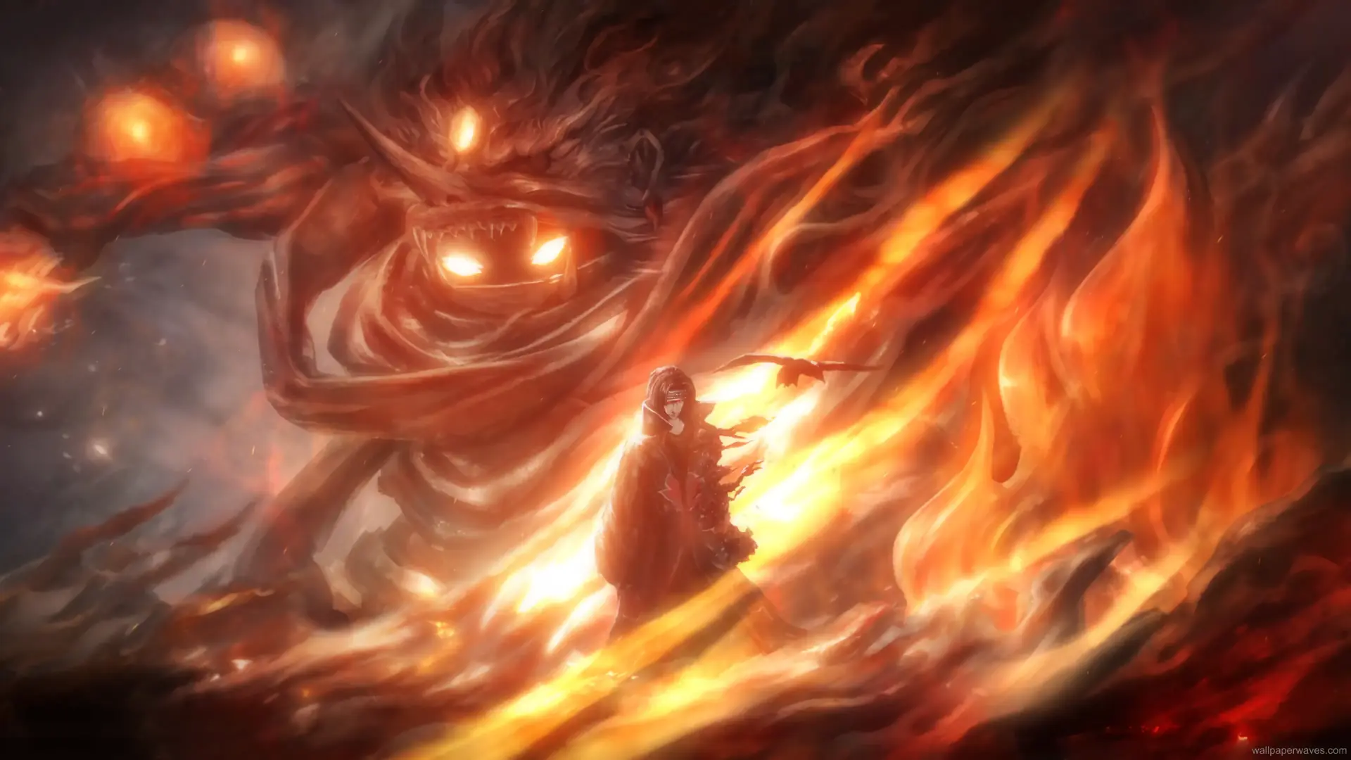 Itachi Uchiha enveloped by his fiery Susanoo, standing amidst a glowing battlefield with Mangekyō Sharingan activated, live wallpaper