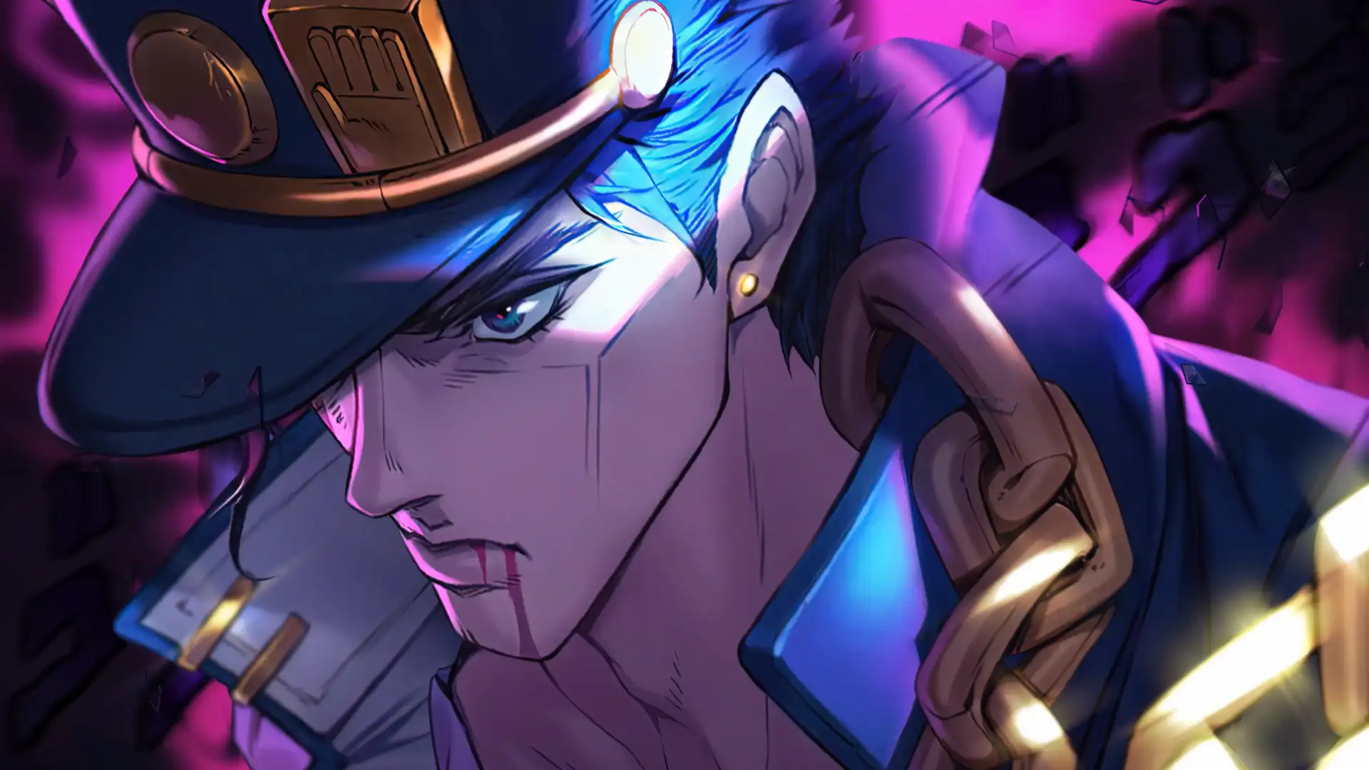 Animated depiction of Jotaro Kujo from JoJo's Bizarre Adventure, showcasing his iconic pose with dynamic purple energy effects.