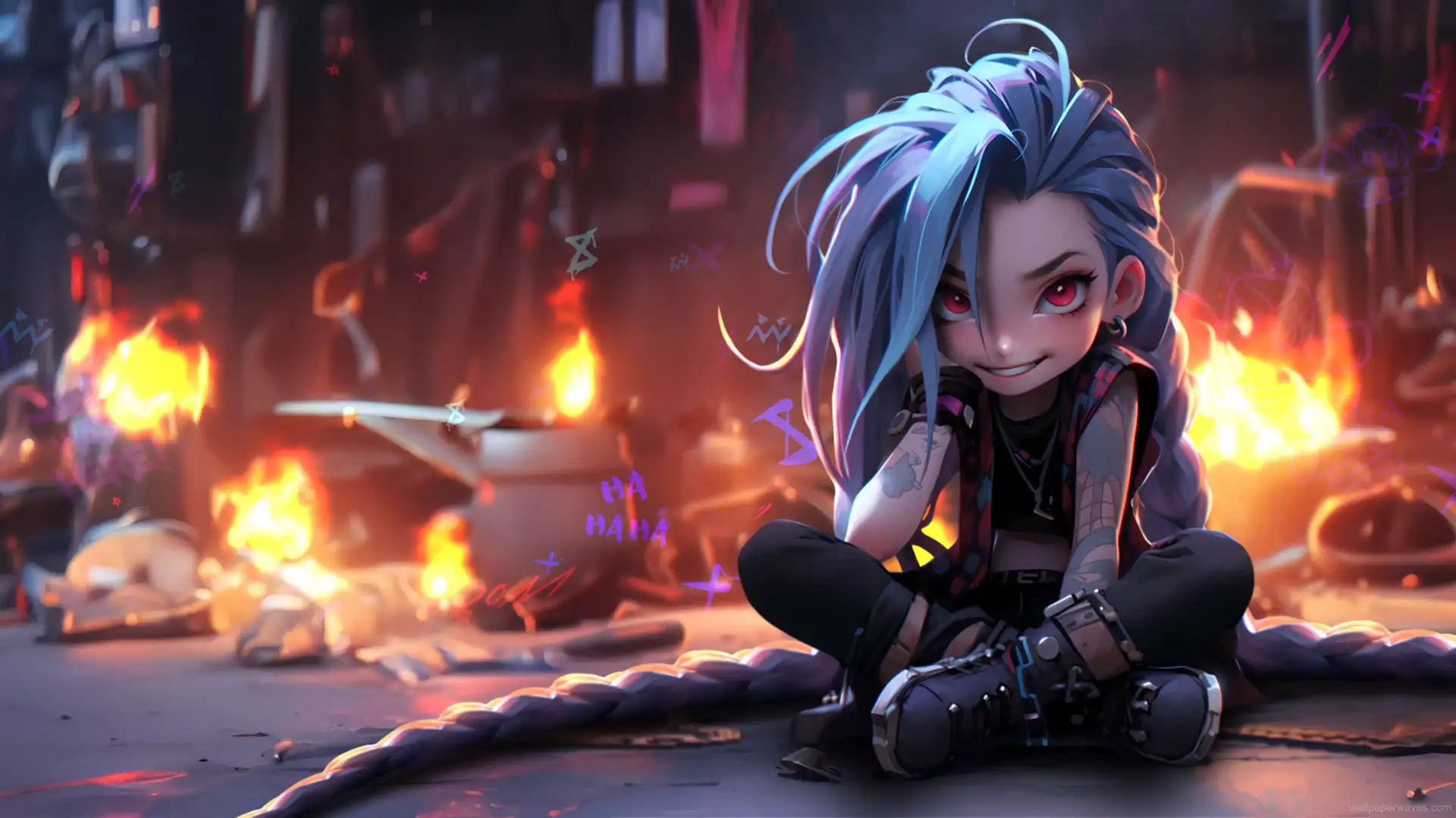 Young Jinx surrounded by sparks, gadgets, and neon splashes of color as she grins playfully, Arcane live wallpaper