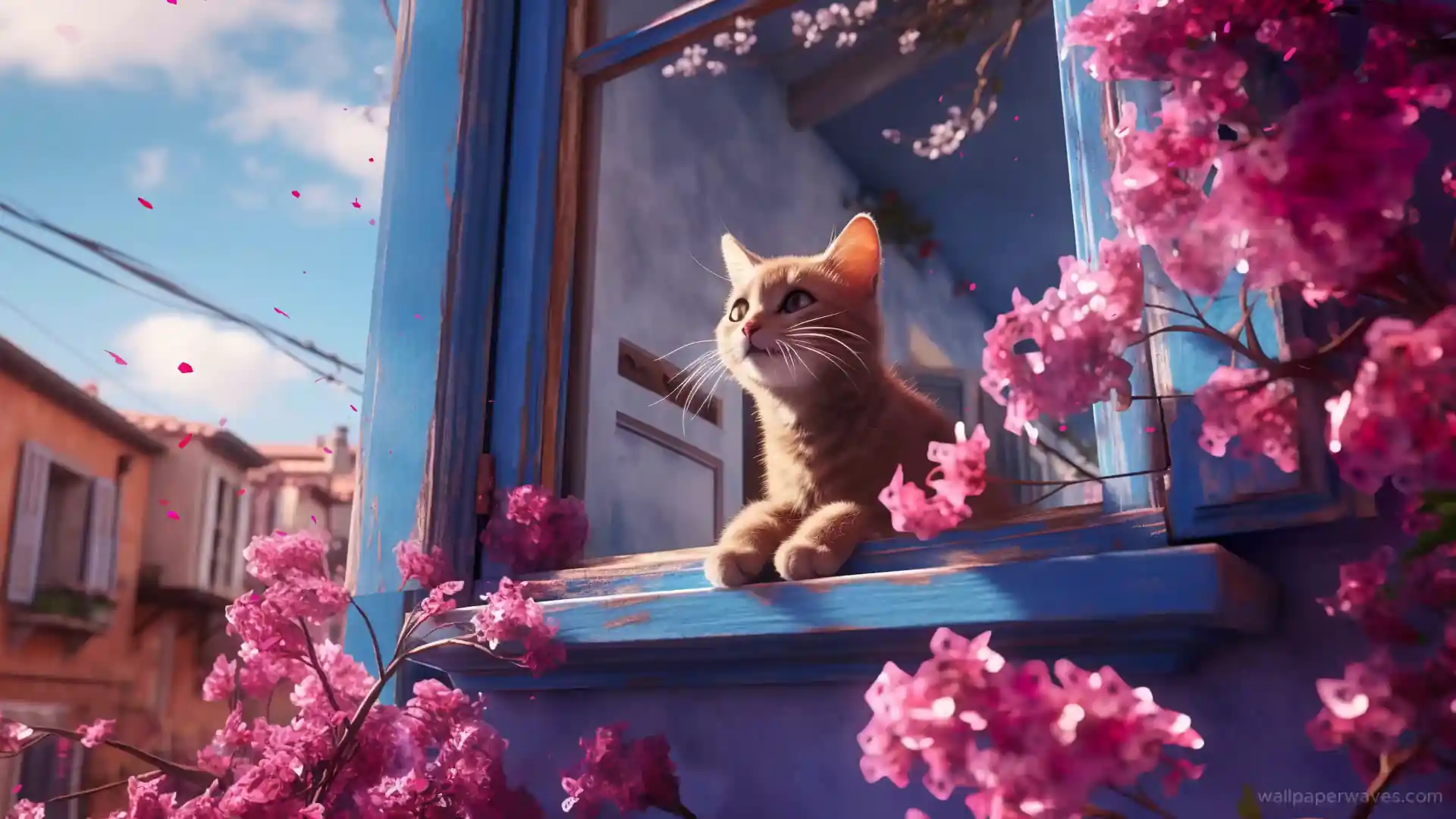 Animated kitten surrounded by falling flower petals on a soft background.