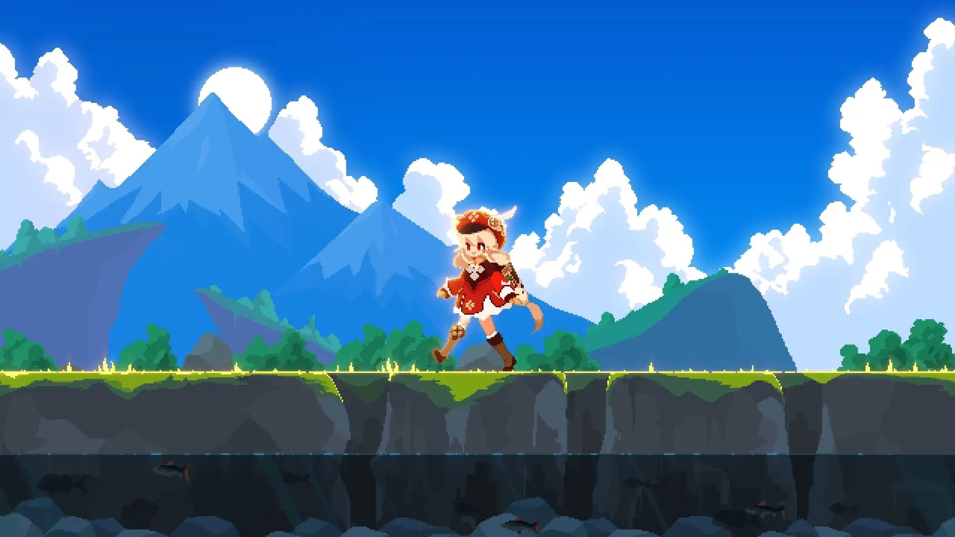 Animated pixel art of Klee from Genshin Impact walking across a vibrant landscape.