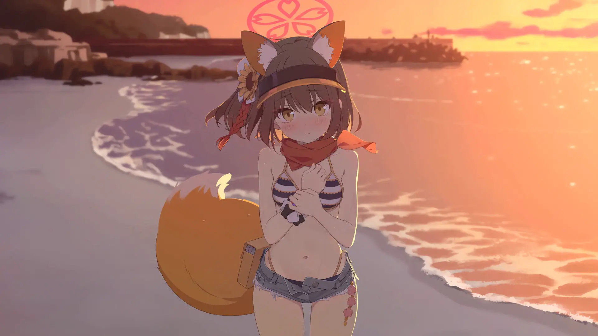 Animated depiction of Kuda Izuna from Blue Archive, showcasing her in traditional kitsune-themed attire with a lively expression.
